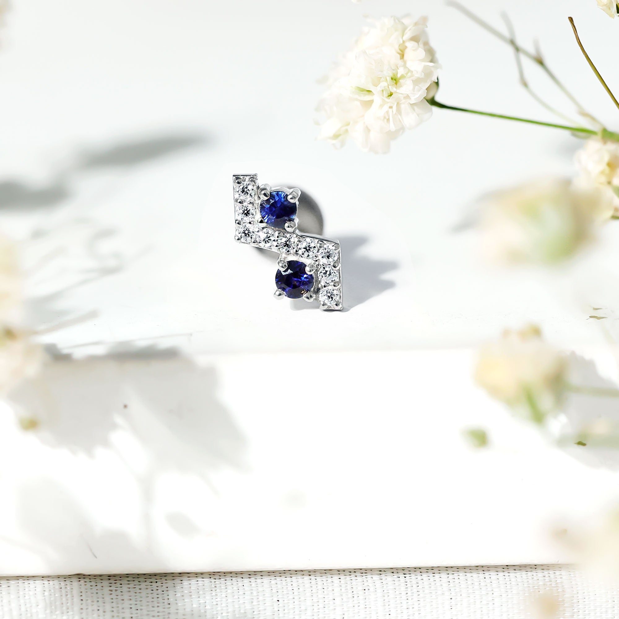 Blue Sapphire and Lab Grown Diamond Zig Zag Helix Earring AAA - Rosec Jewels