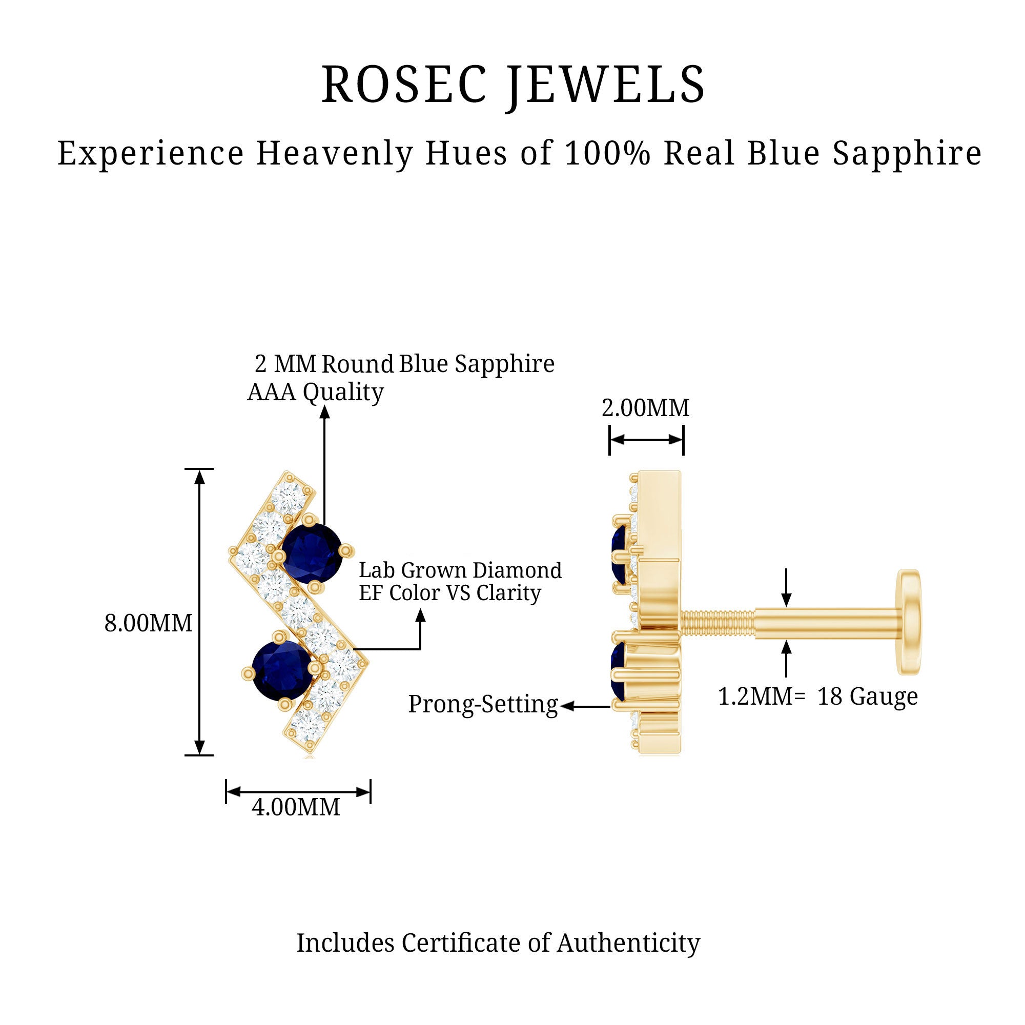 Blue Sapphire and Lab Grown Diamond Zig Zag Helix Earring AAA - Rosec Jewels
