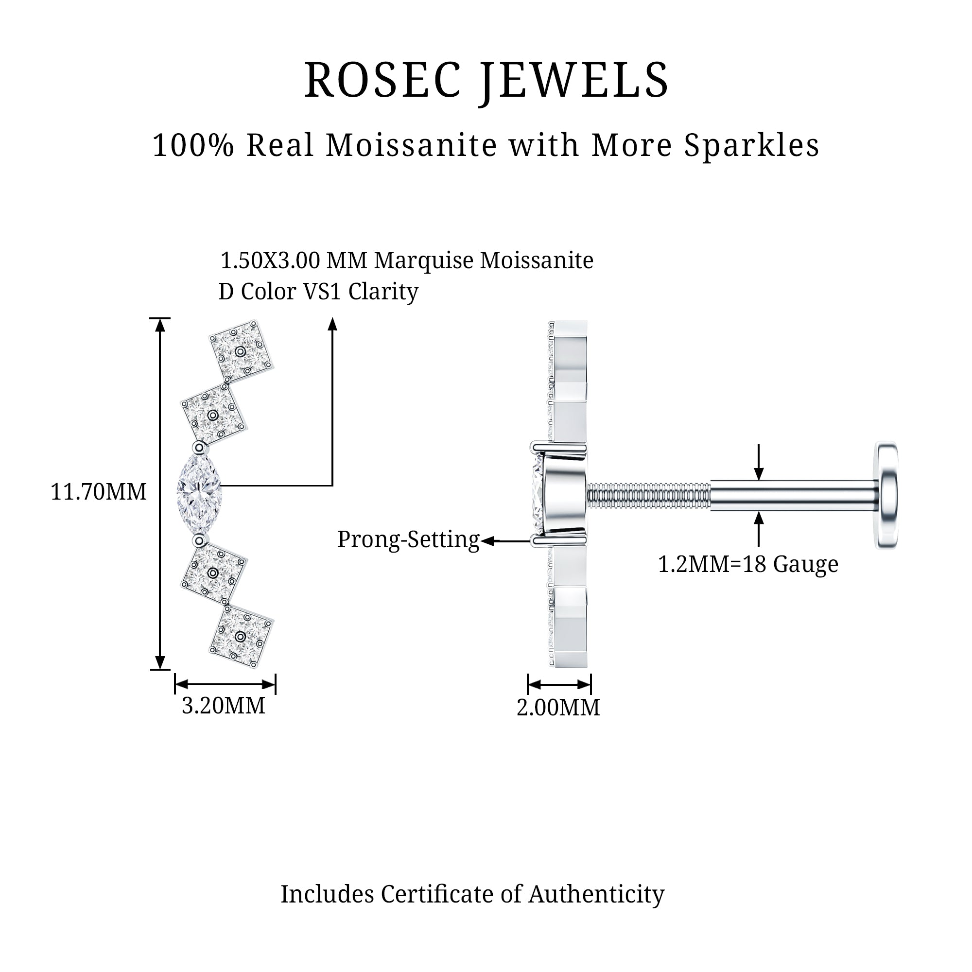 Certified Moissanite Curved Helix Piercing Earring D-VS1 - Rosec Jewels