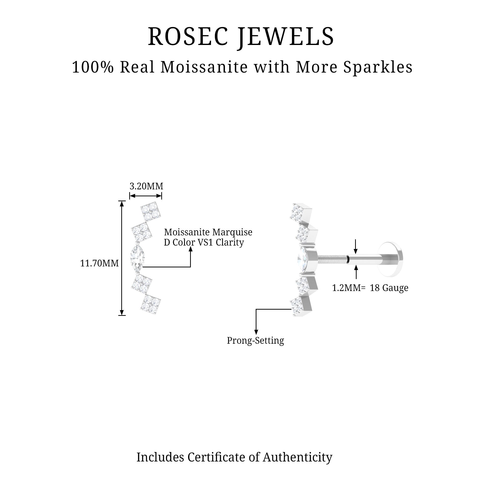 Certified Moissanite Curved Helix Piercing Earring D-VS1 - Rosec Jewels