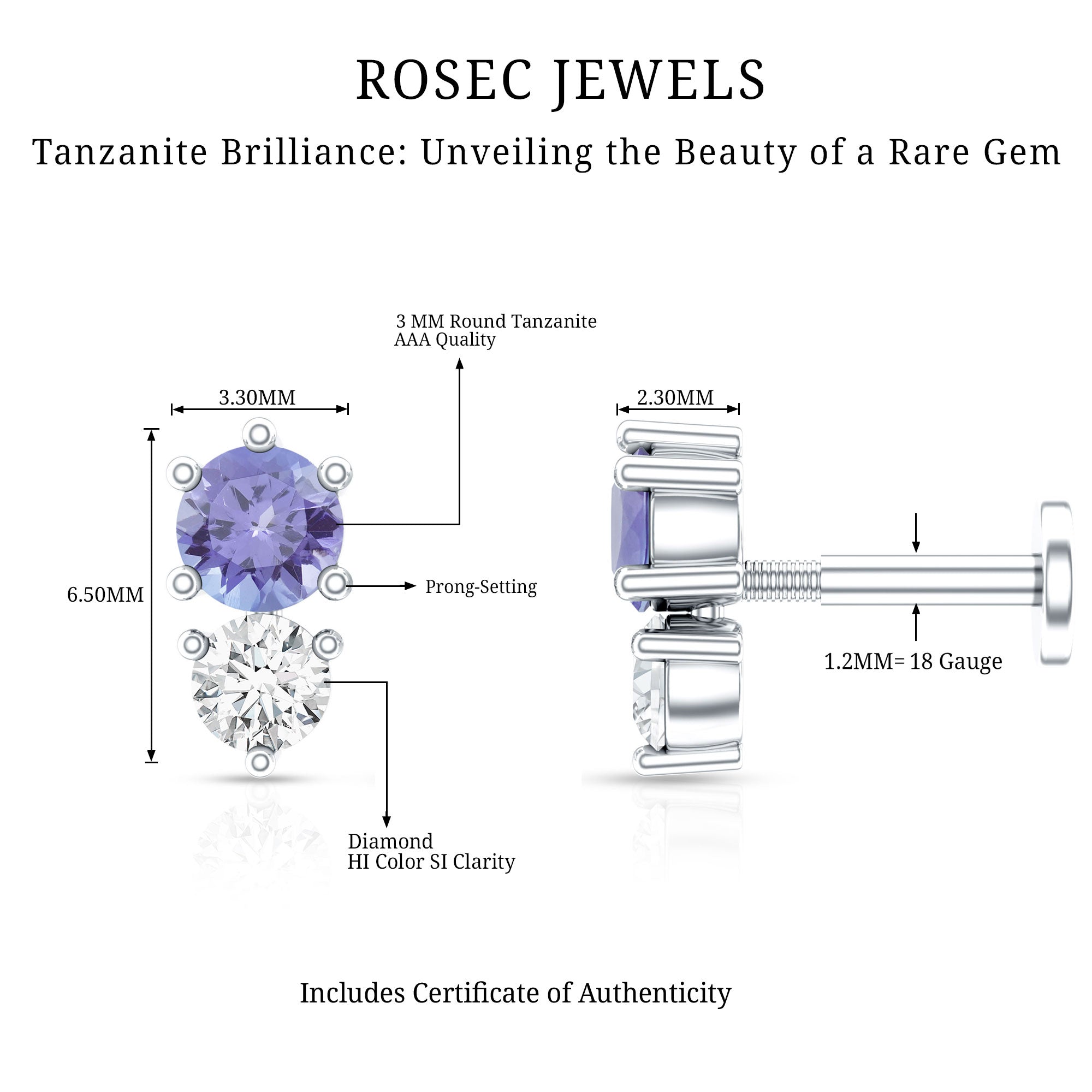 Round Cut Tanzanite Diamond Two Stone Conch Earring AAA - Rosec Jewels