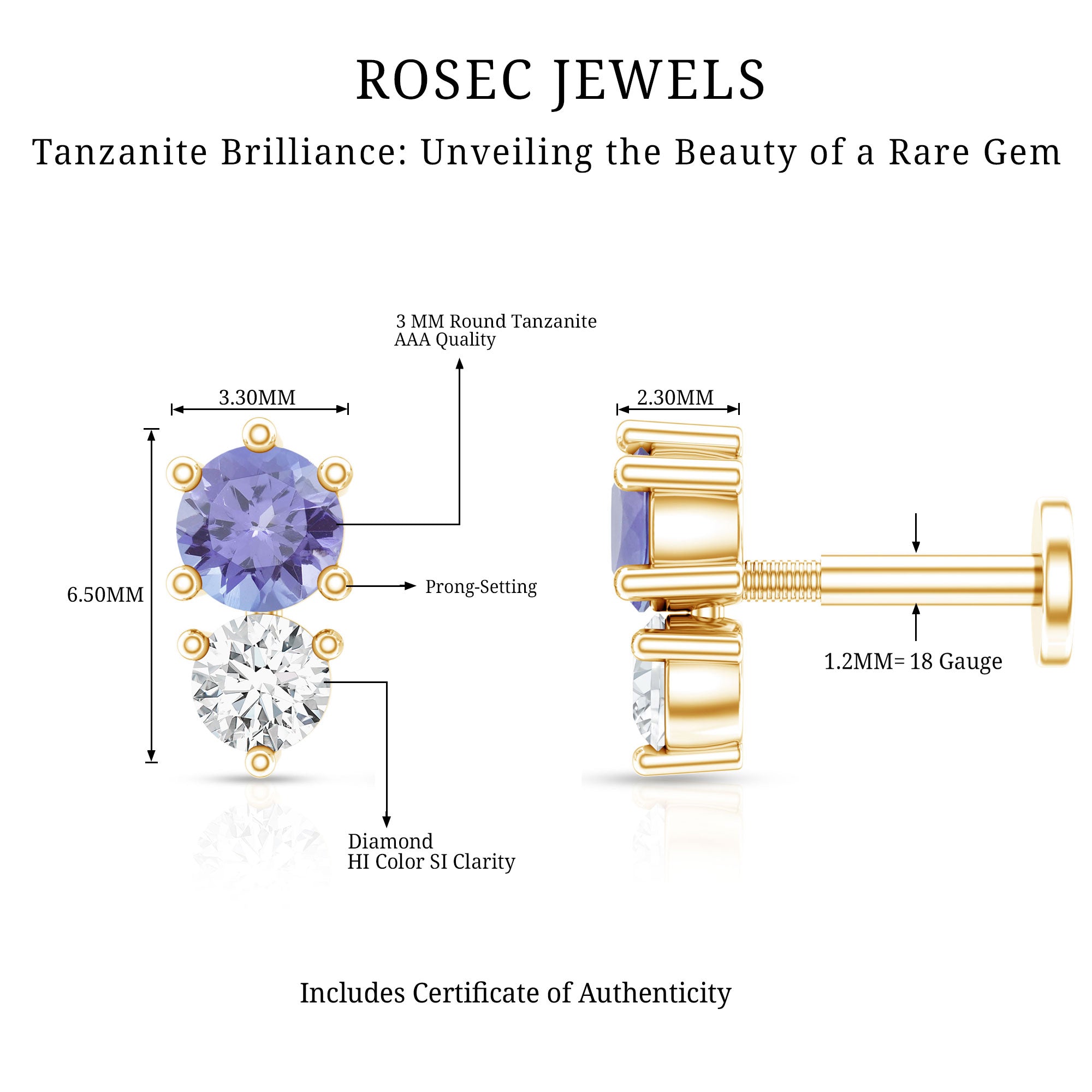 Round Cut Tanzanite Diamond Two Stone Conch Earring AAA - Rosec Jewels