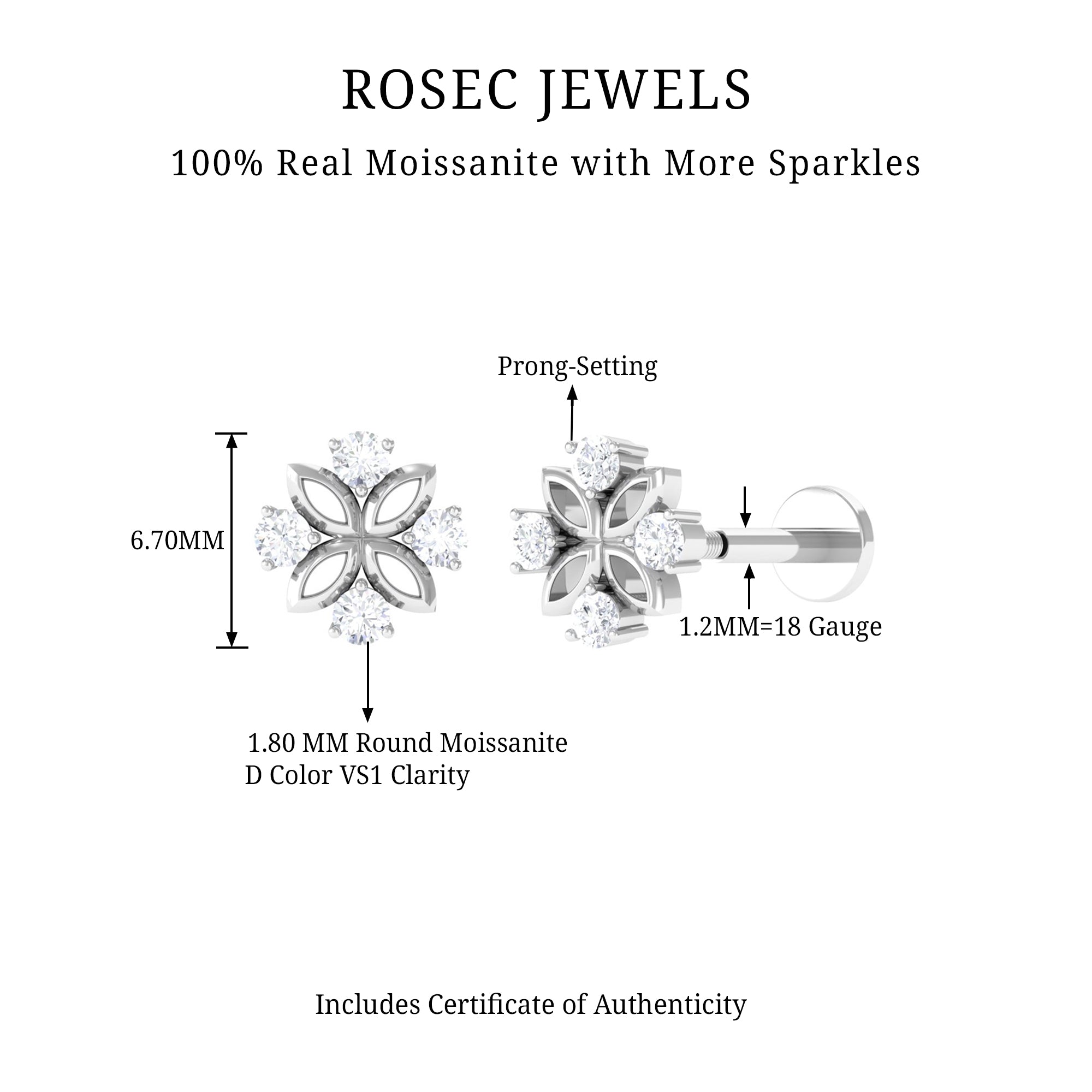 Round Moissanite Flower Earring for Cartilage Piercing D-VS1 - Rosec Jewels