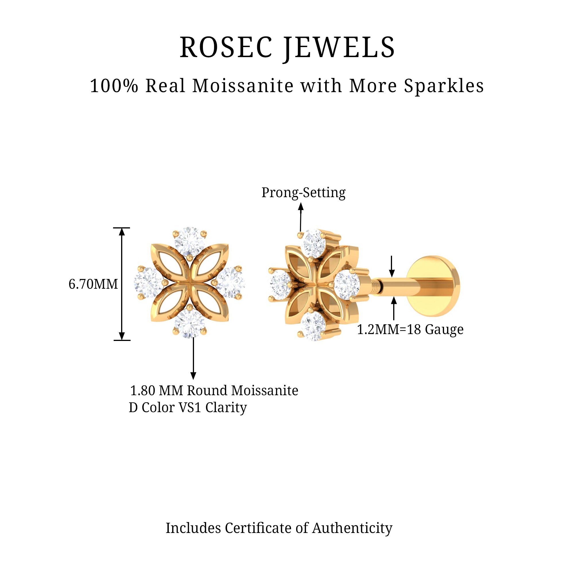 Round Moissanite Flower Earring for Cartilage Piercing D-VS1 - Rosec Jewels