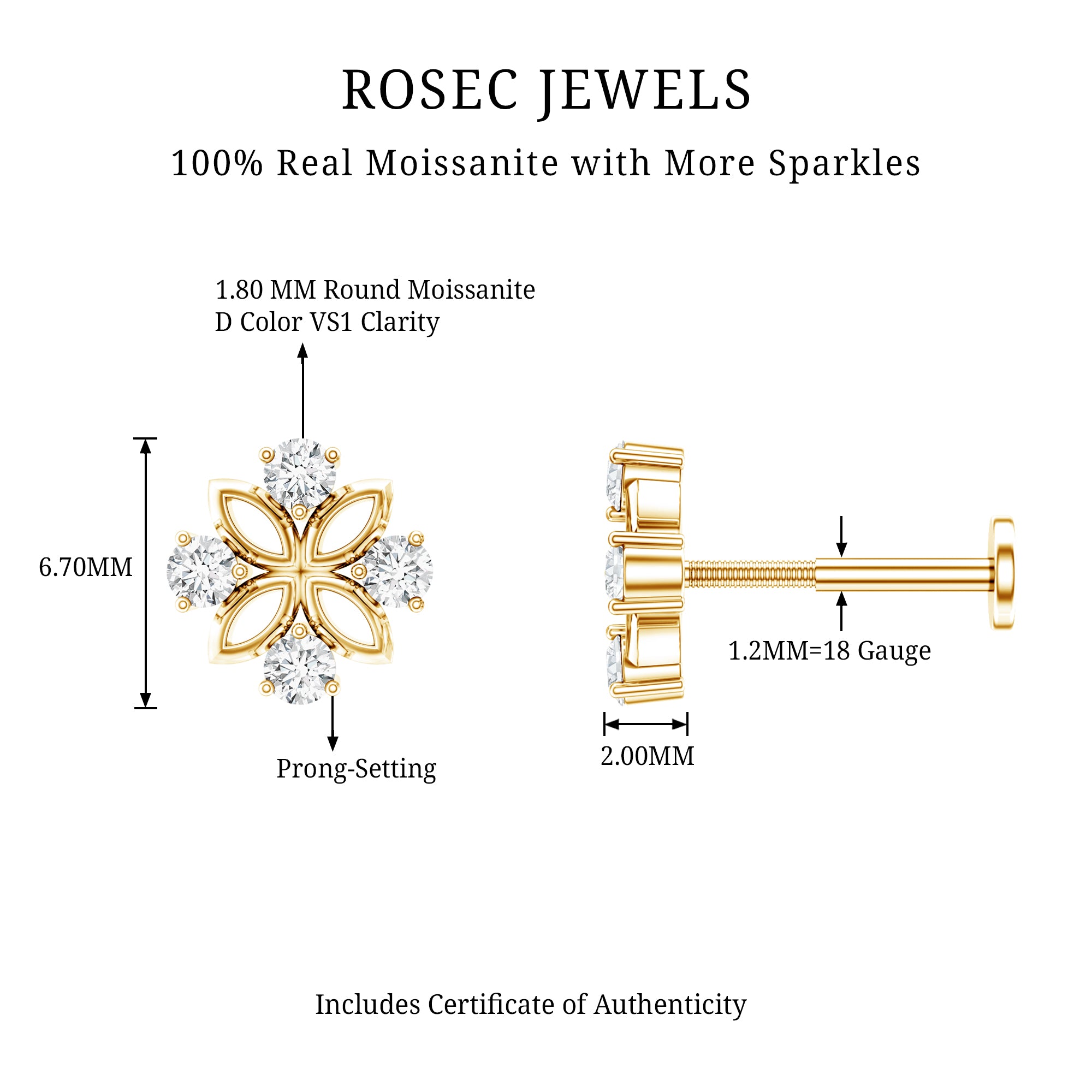 Round Moissanite Flower Earring for Cartilage Piercing D-VS1 - Rosec Jewels