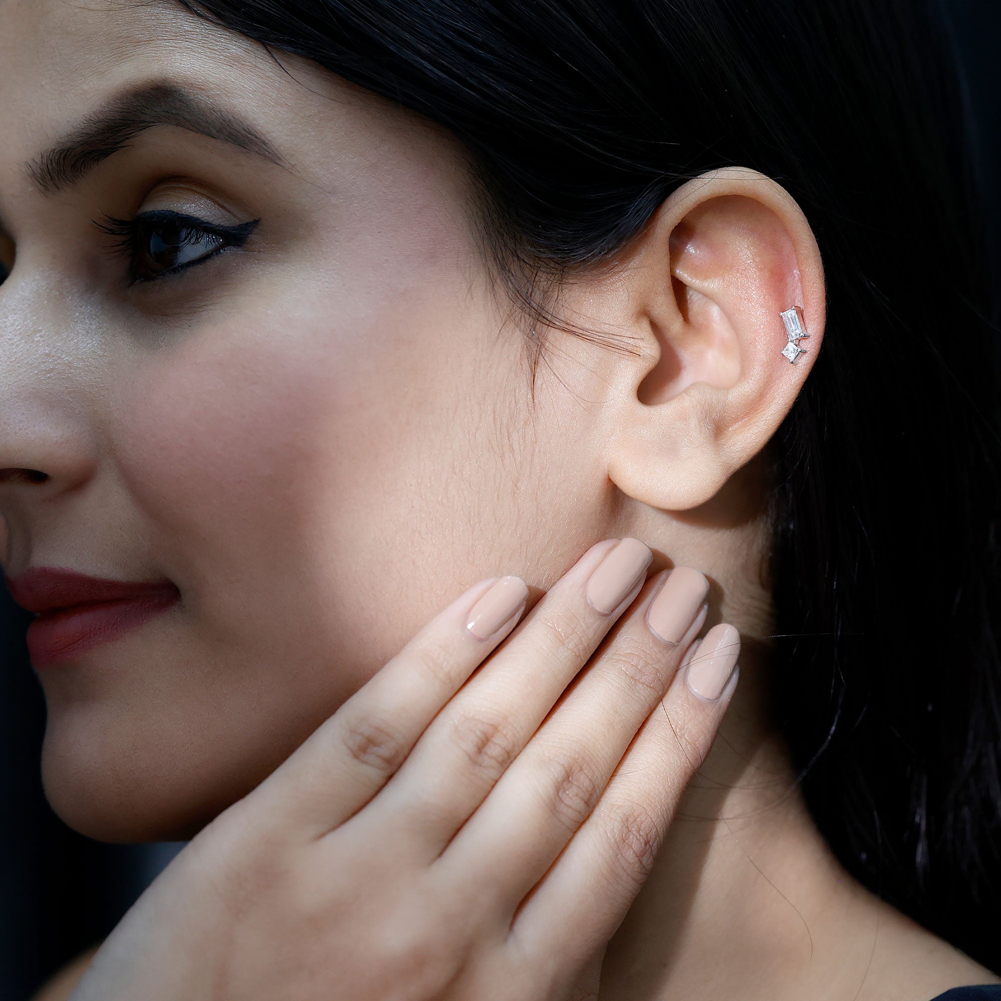 Baguette and Princess Cut Moissanite 2 Stone Helix Earring D-VS1 - Rosec Jewels