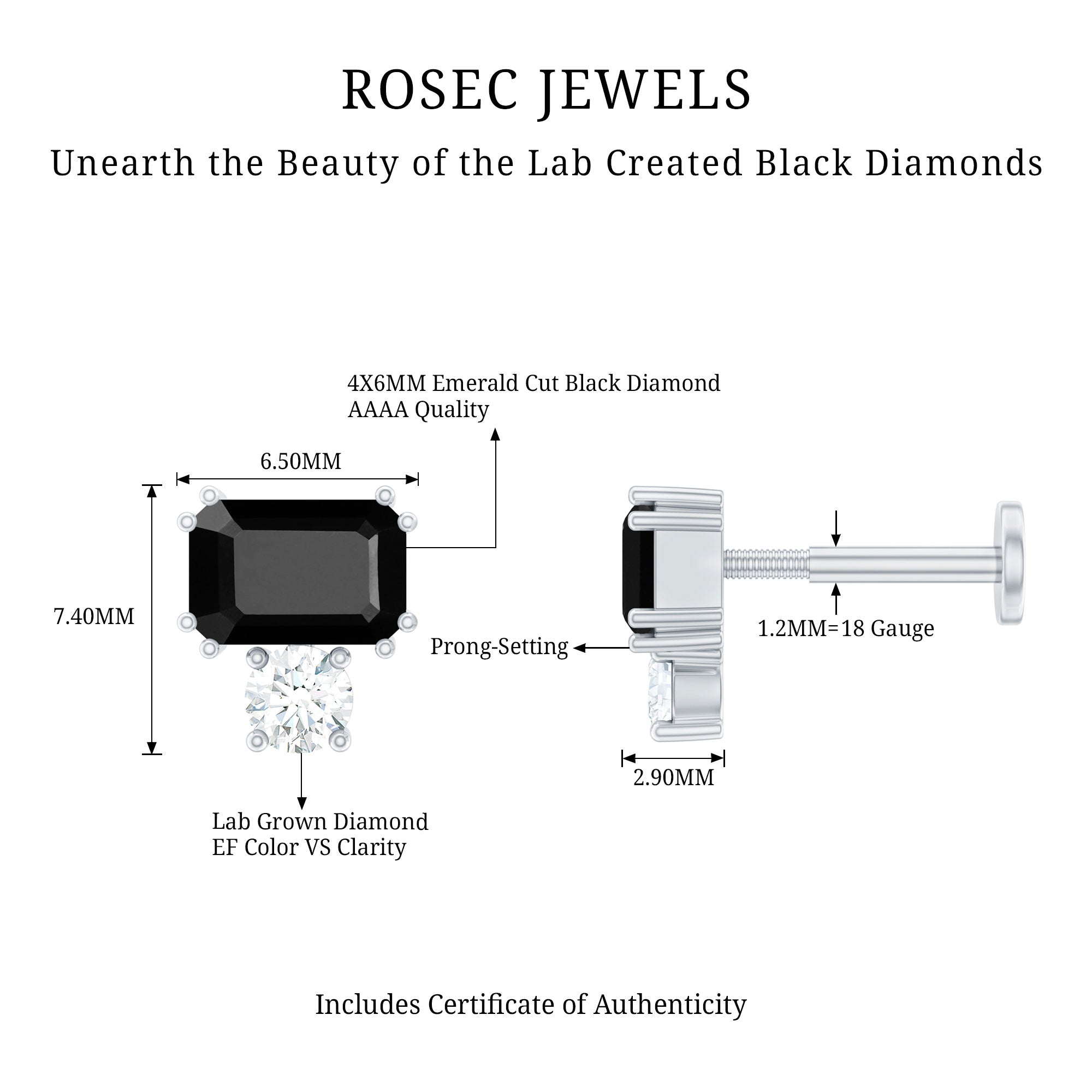 Lab Grown Black and White Diamond Helix Piercing Earring AAAA ( Synthetic ) - Rosec Jewels