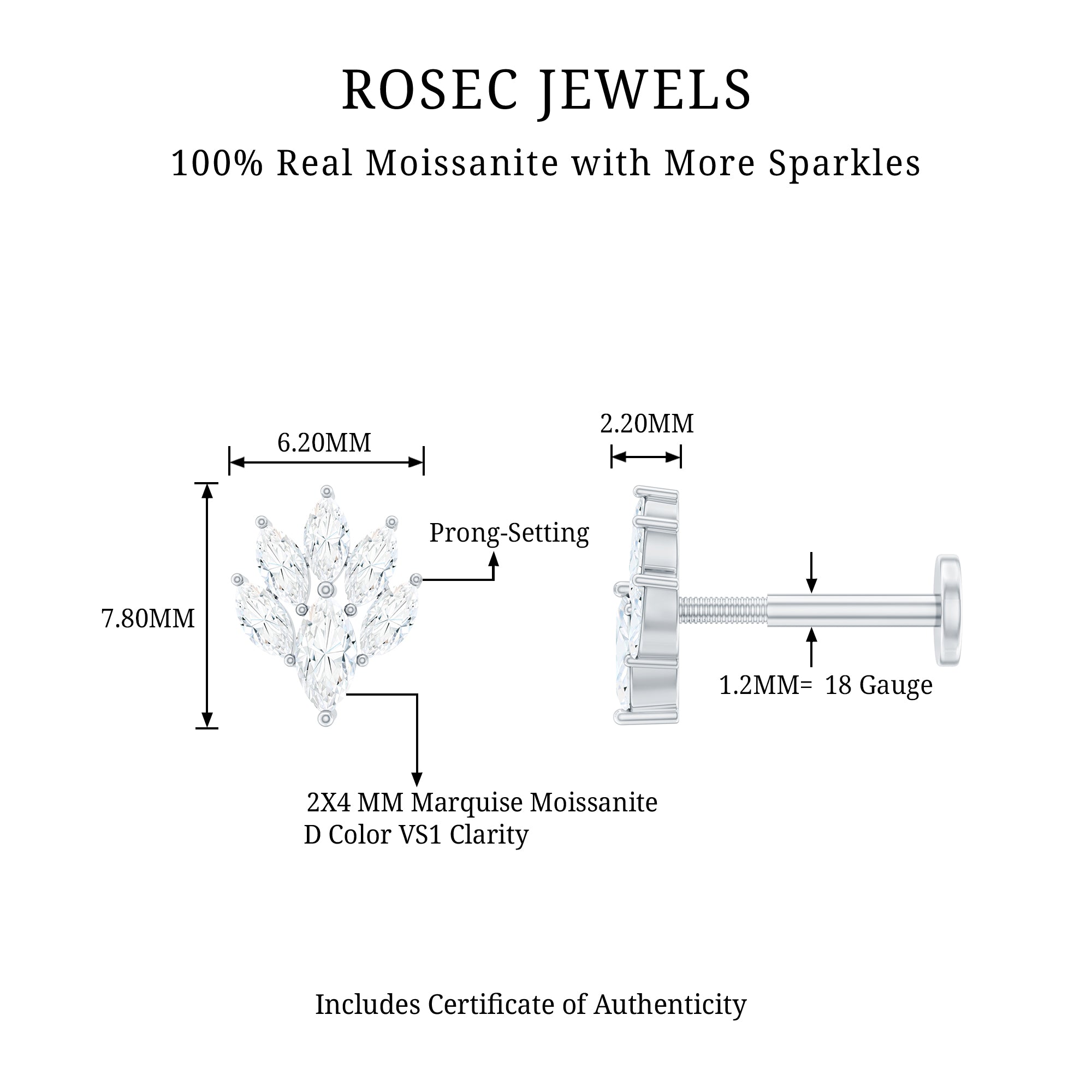Marquise Moissanite Cluster Leaf Earring for Cartilage Piercing D-VS1 - Rosec Jewels