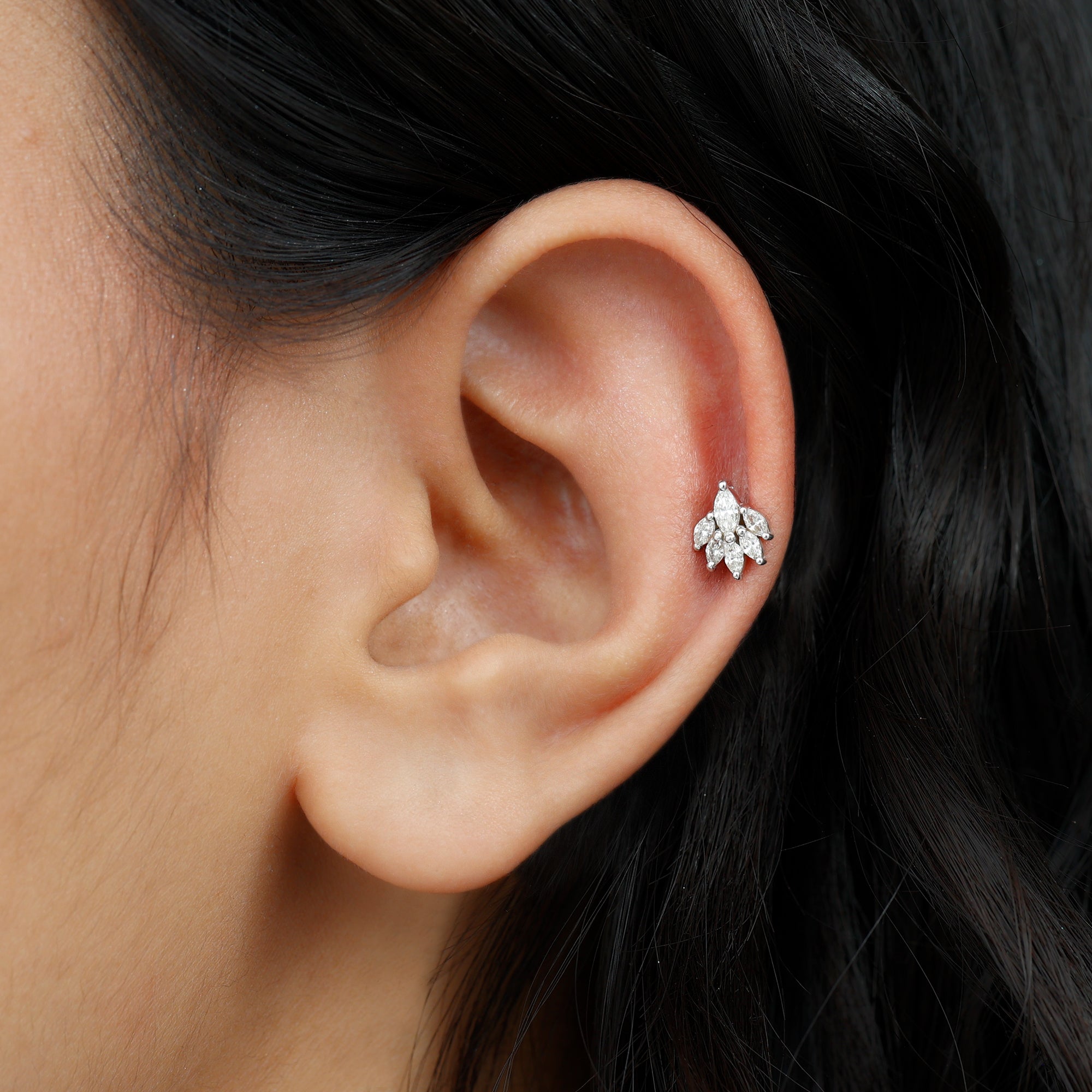 Marquise Moissanite Cluster Leaf Earring for Cartilage Piercing D-VS1 - Rosec Jewels