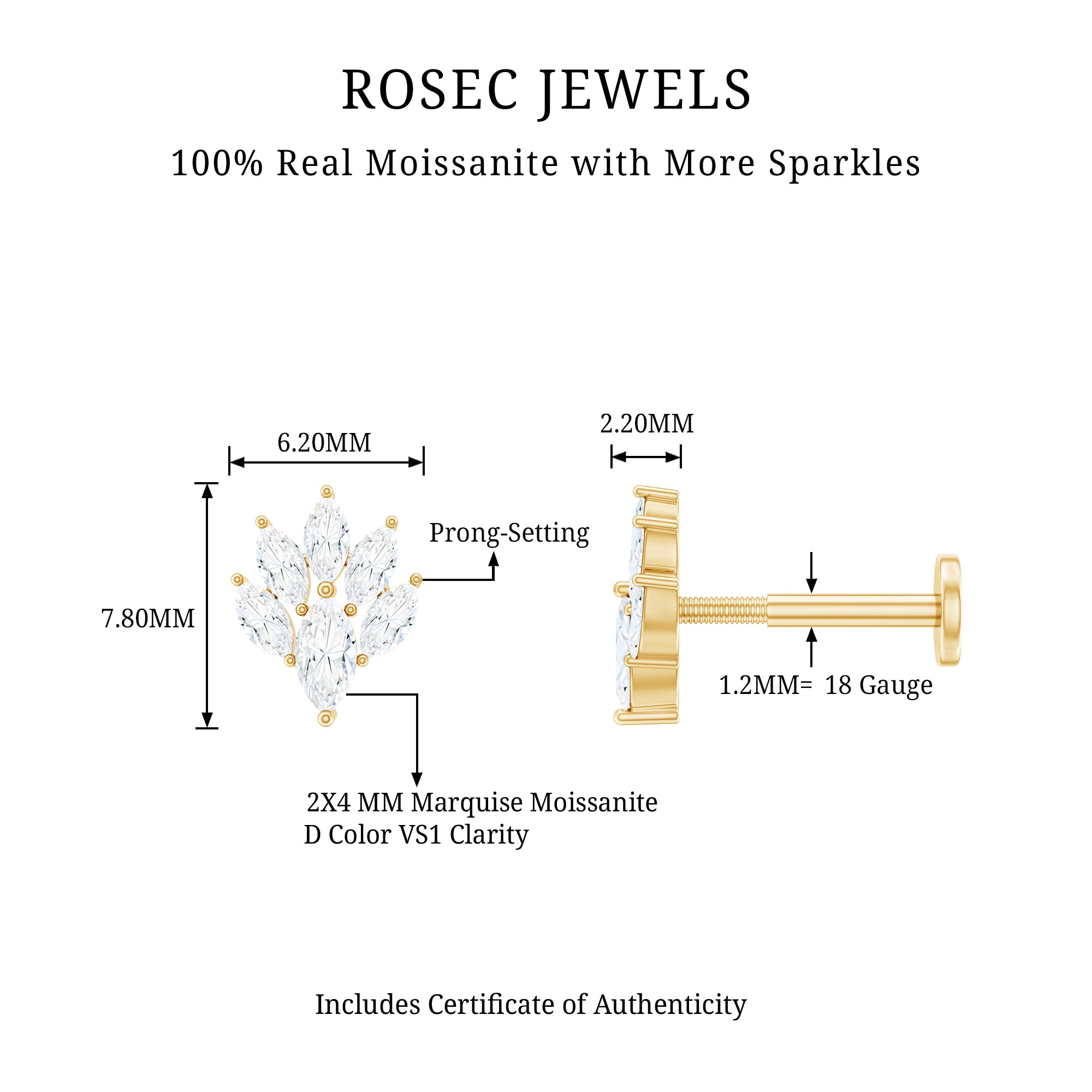 Marquise Moissanite Cluster Leaf Earring for Cartilage Piercing D-VS1 - Rosec Jewels