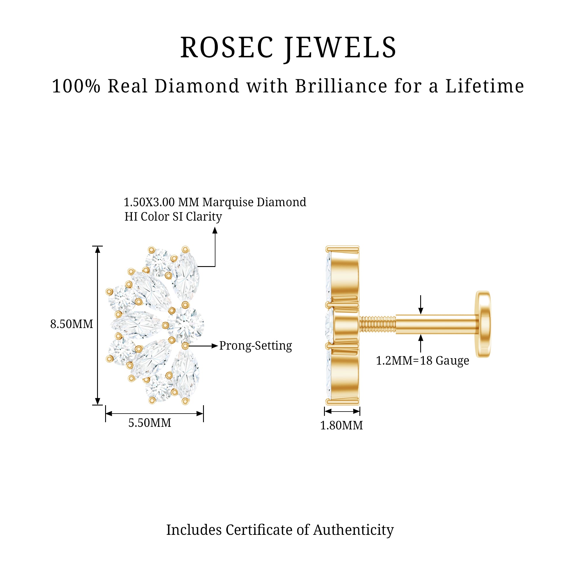 Natural Marquise and Round Diamond Floral Cartilage Earring Natural - ( HI-SI ) - Rosec Jewels