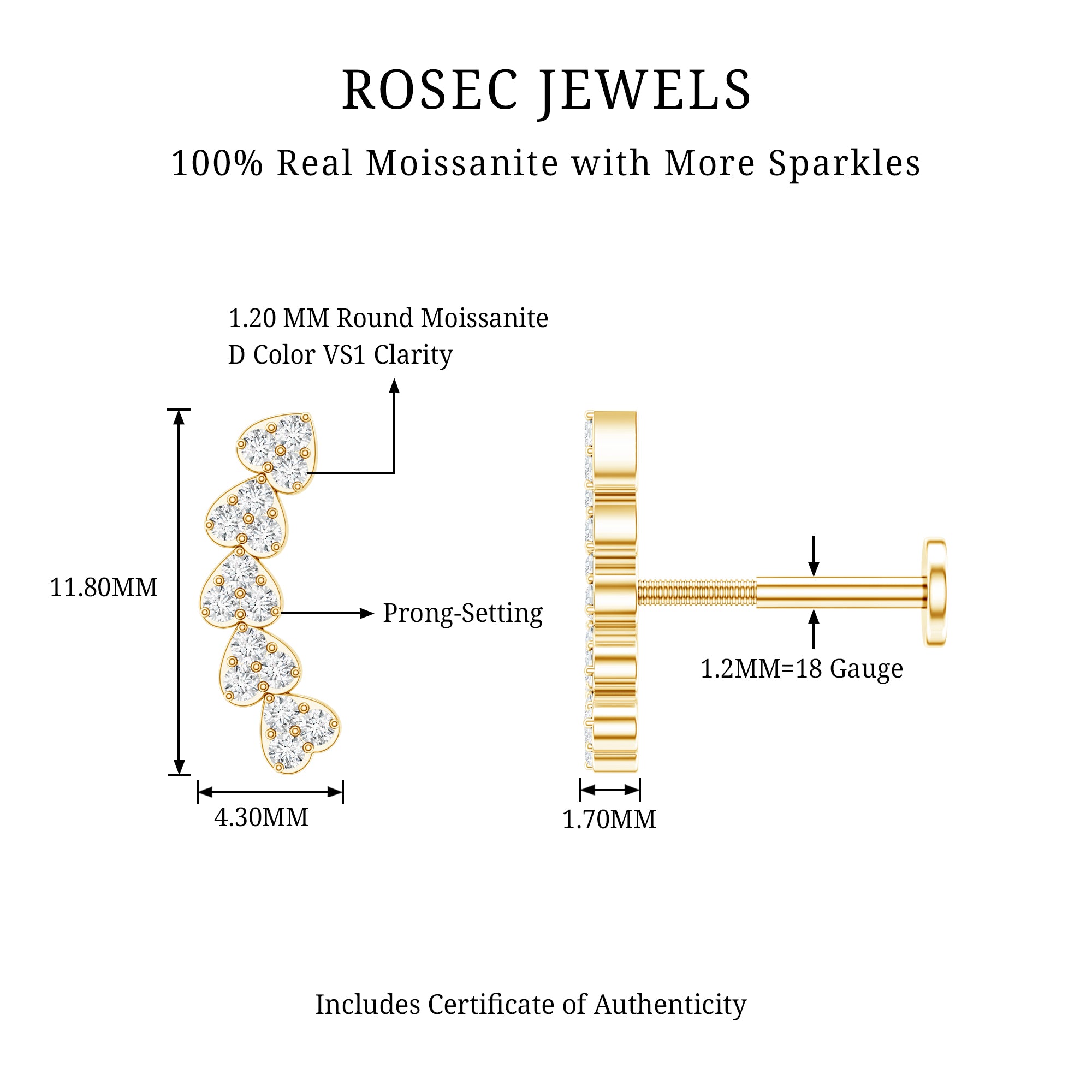 Certified Moissanite Heart Curved Crawler Earring D-VS1 - Rosec Jewels