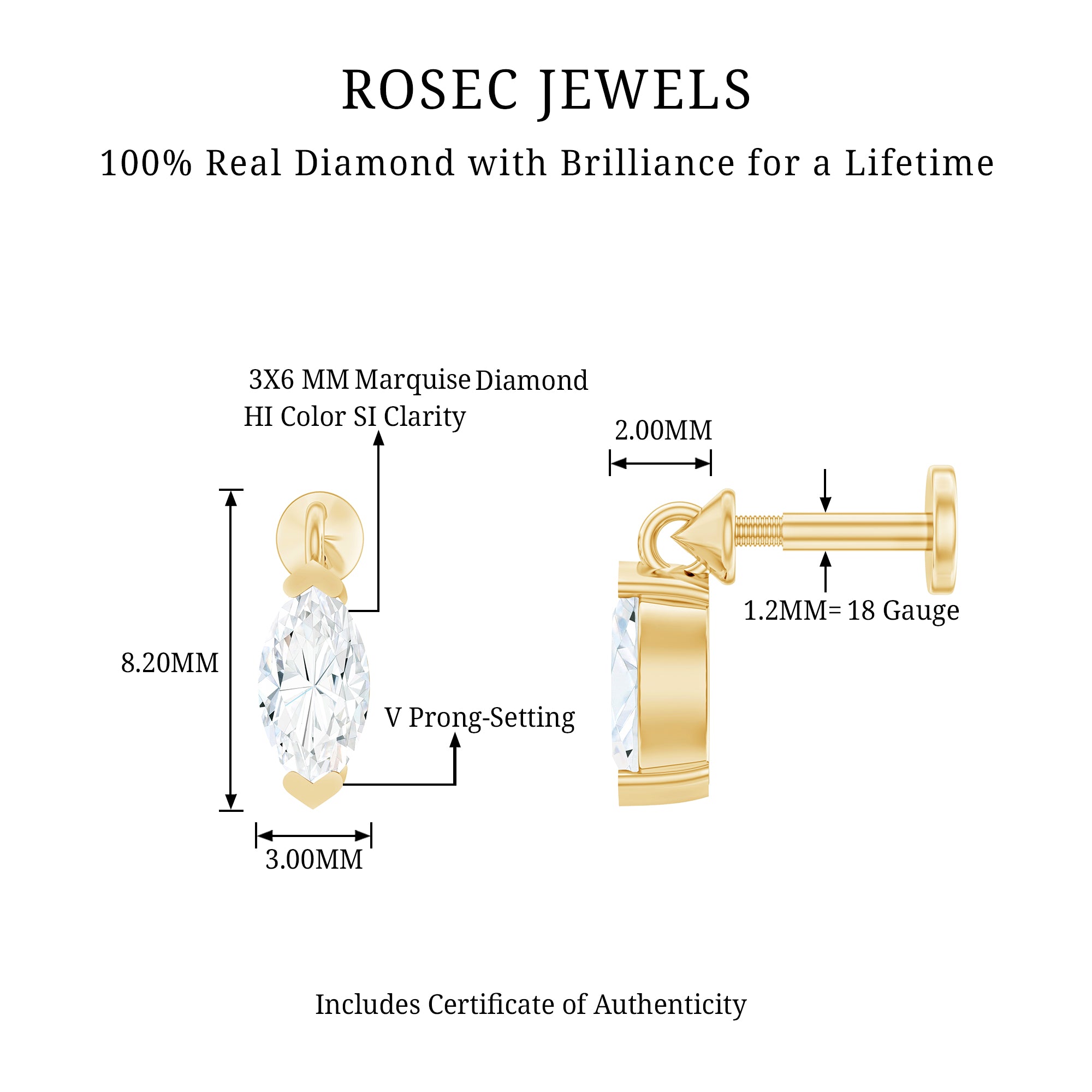 Marquise Diamond Cartilage Dangle Earring Natural - ( HI-SI ) - Rosec Jewels