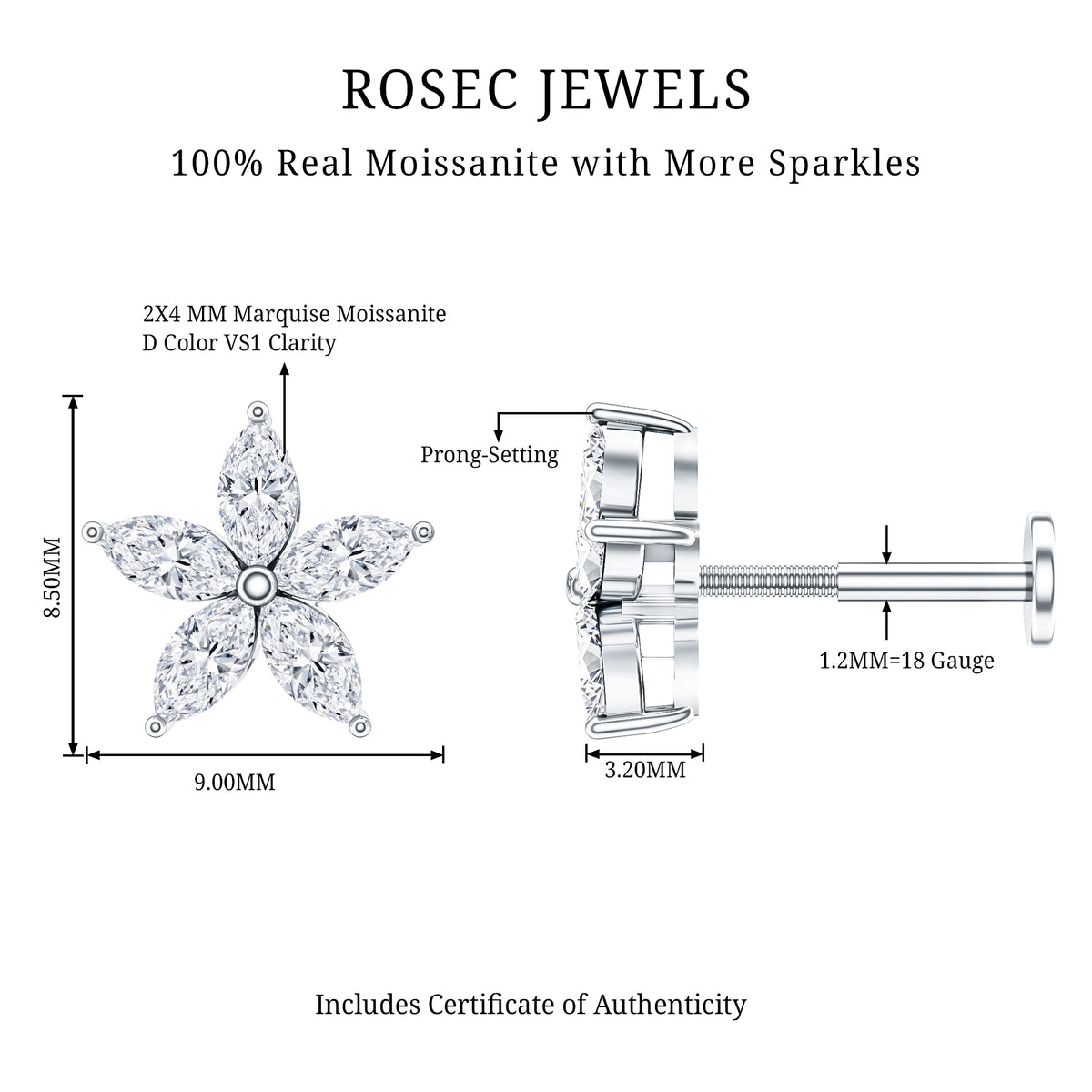 Marquise Cut Moissanite Floral Earring for Cartilage Piercing D-VS1 - Rosec Jewels