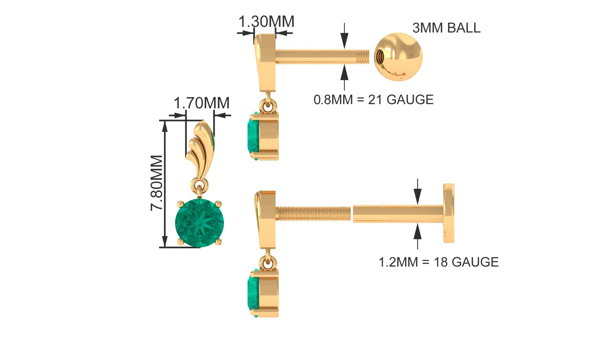 Rosec Jewels-Minimal Emerald Drop Earring for Tragus Piercing