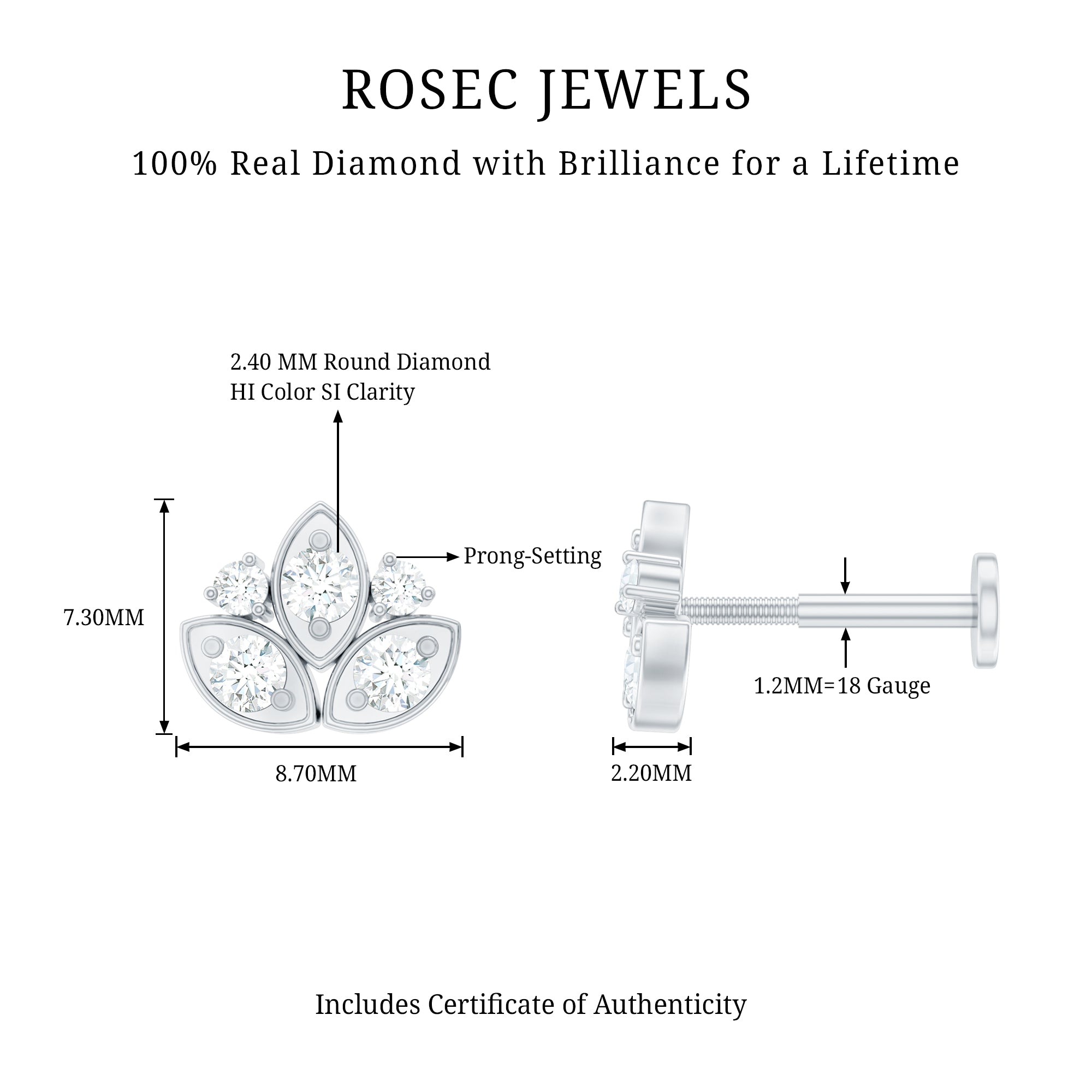 Diamond Lotus Earring for Cartilage Piercing Natural - ( HI-SI ) - Rosec Jewels