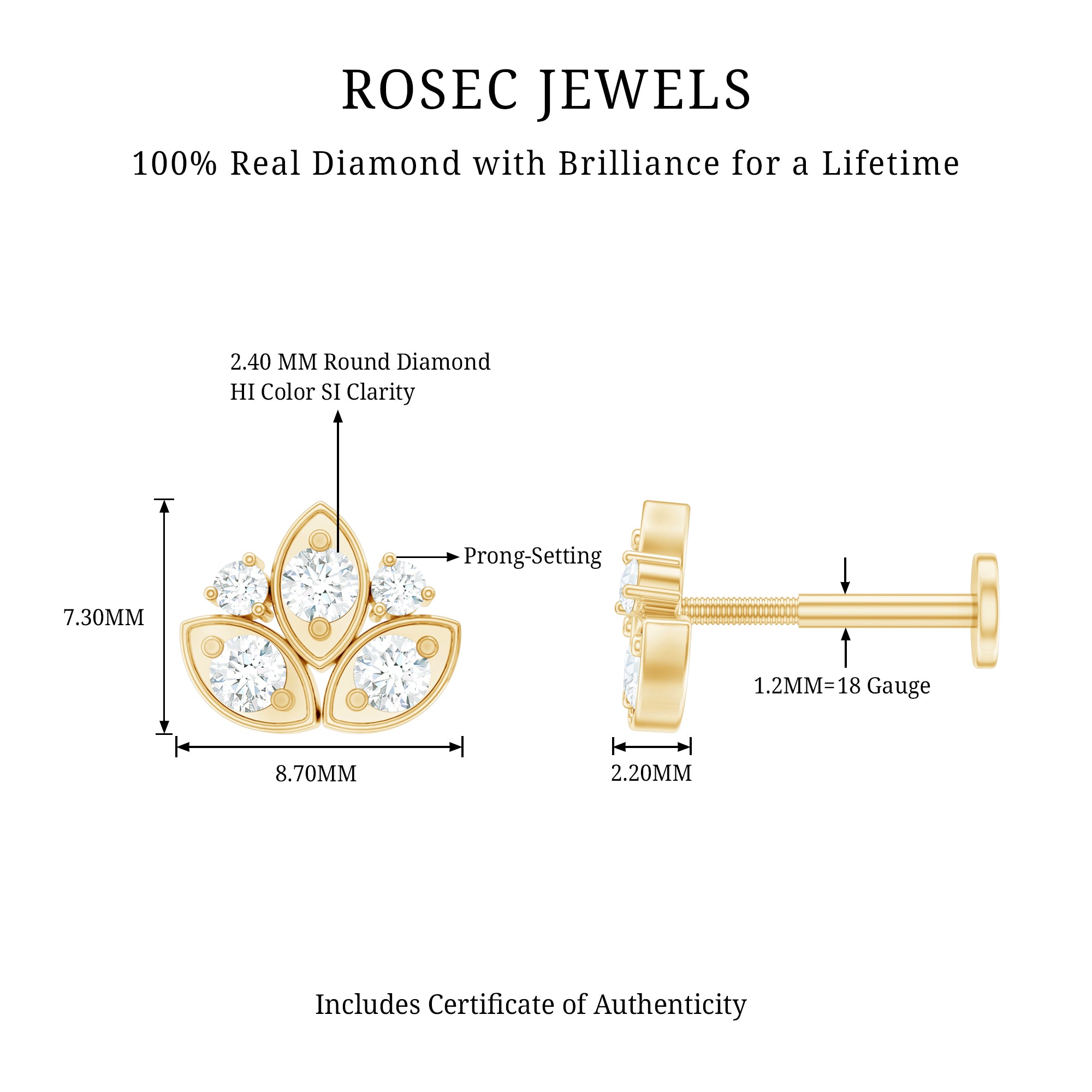 Diamond Lotus Earring for Cartilage Piercing Natural - ( HI-SI ) - Rosec Jewels