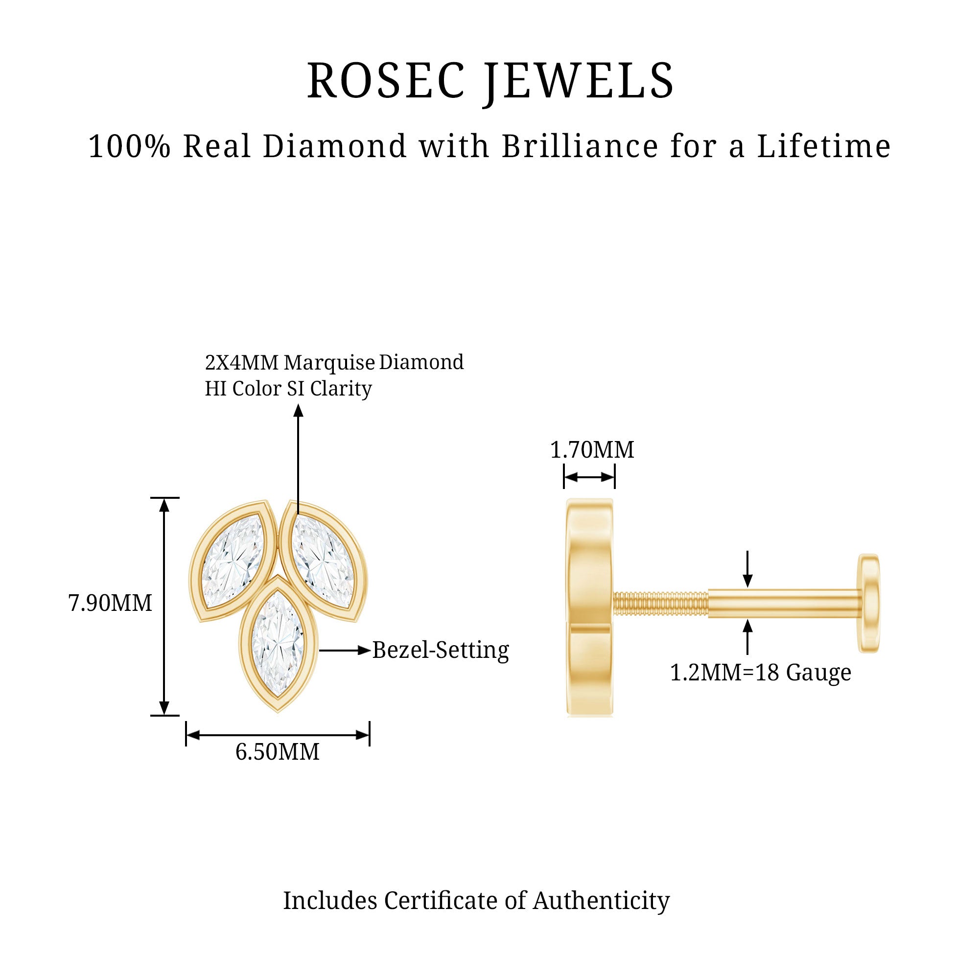 Marquise Diamond Three Stone Cluster Earring Natural - ( HI-SI ) - Rosec Jewels