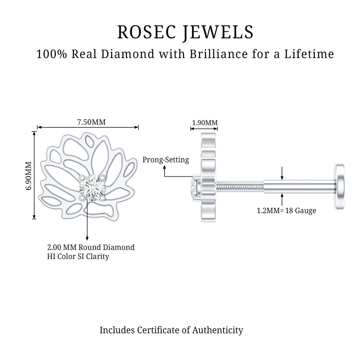 Diamond Lotus Flower Earring for Conch Piercing Natural - ( HI-SI ) - Rosec Jewels