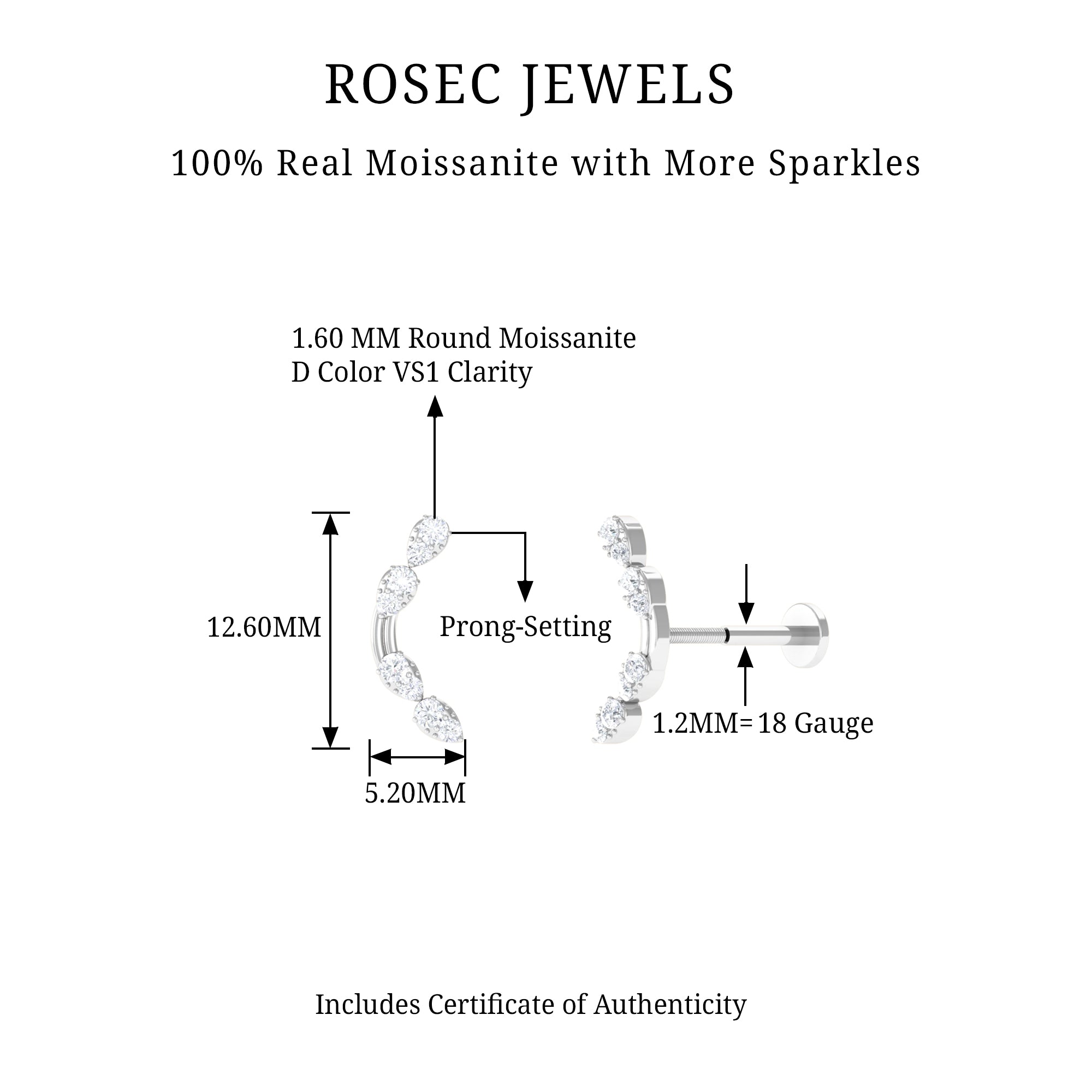 Certified Moissanite Curved Helix Earring for Her D-VS1 - Rosec Jewels