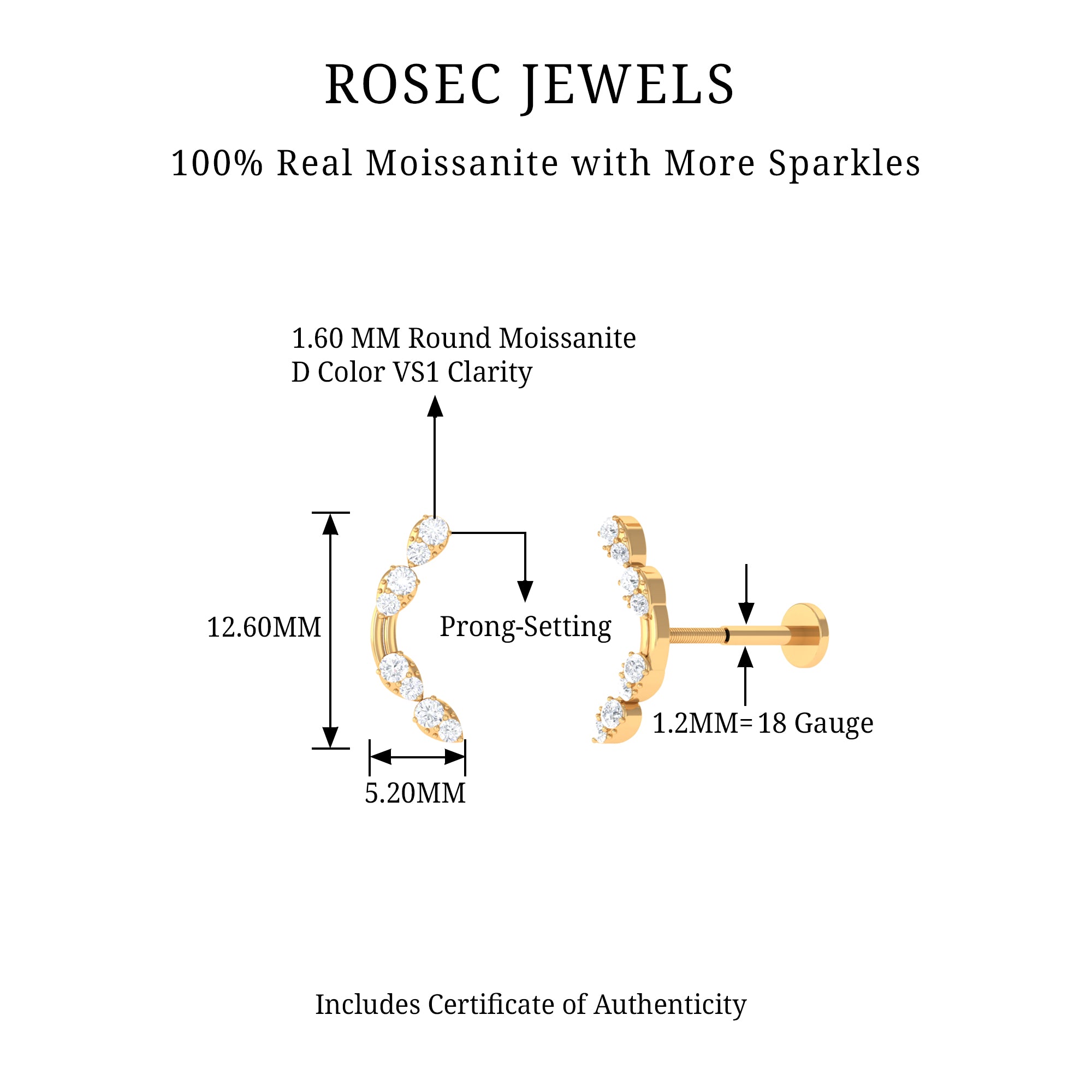 Certified Moissanite Curved Helix Earring for Her D-VS1 - Rosec Jewels
