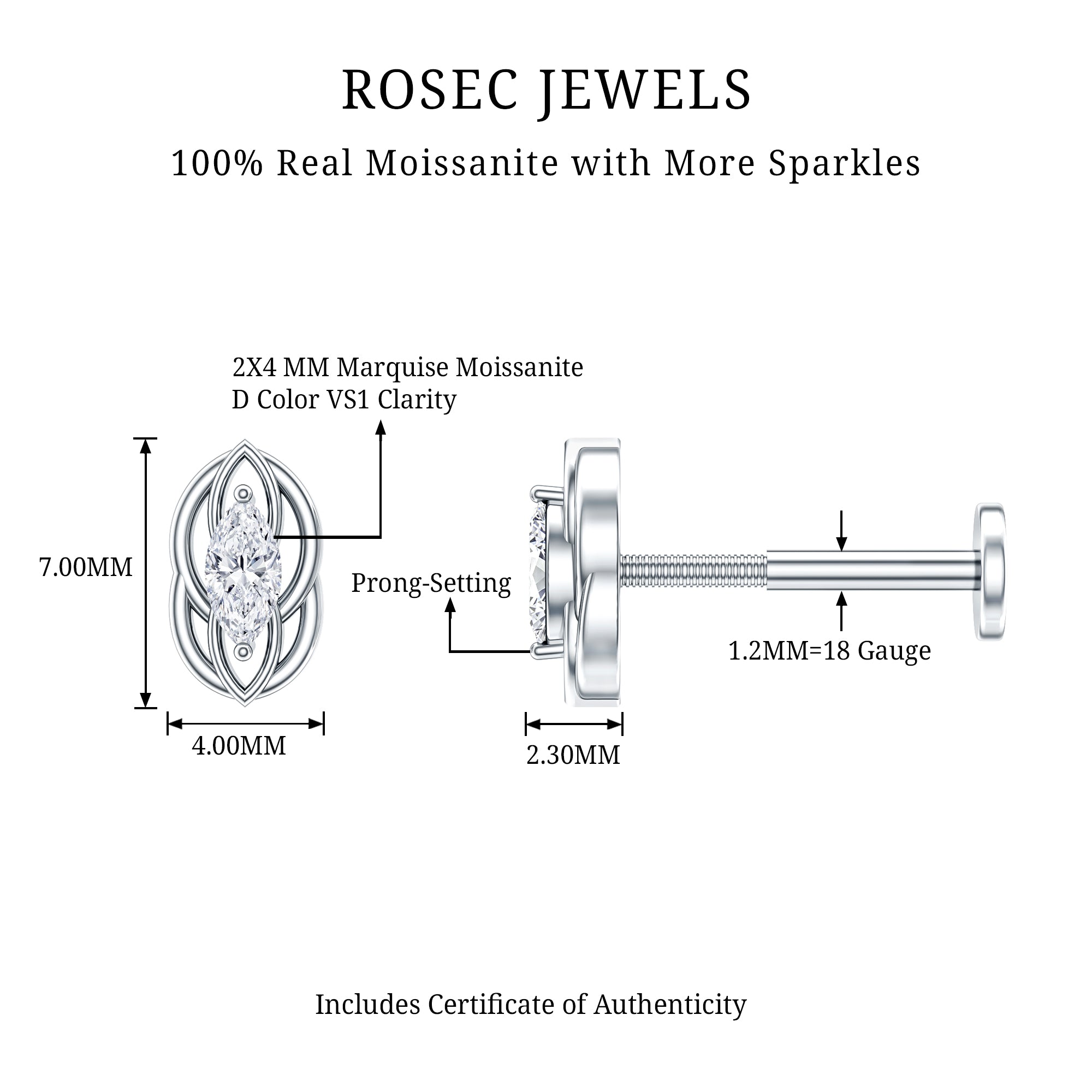 Minimal Marquise Cut Moissanite Cartilage Earring D-VS1 - Rosec Jewels