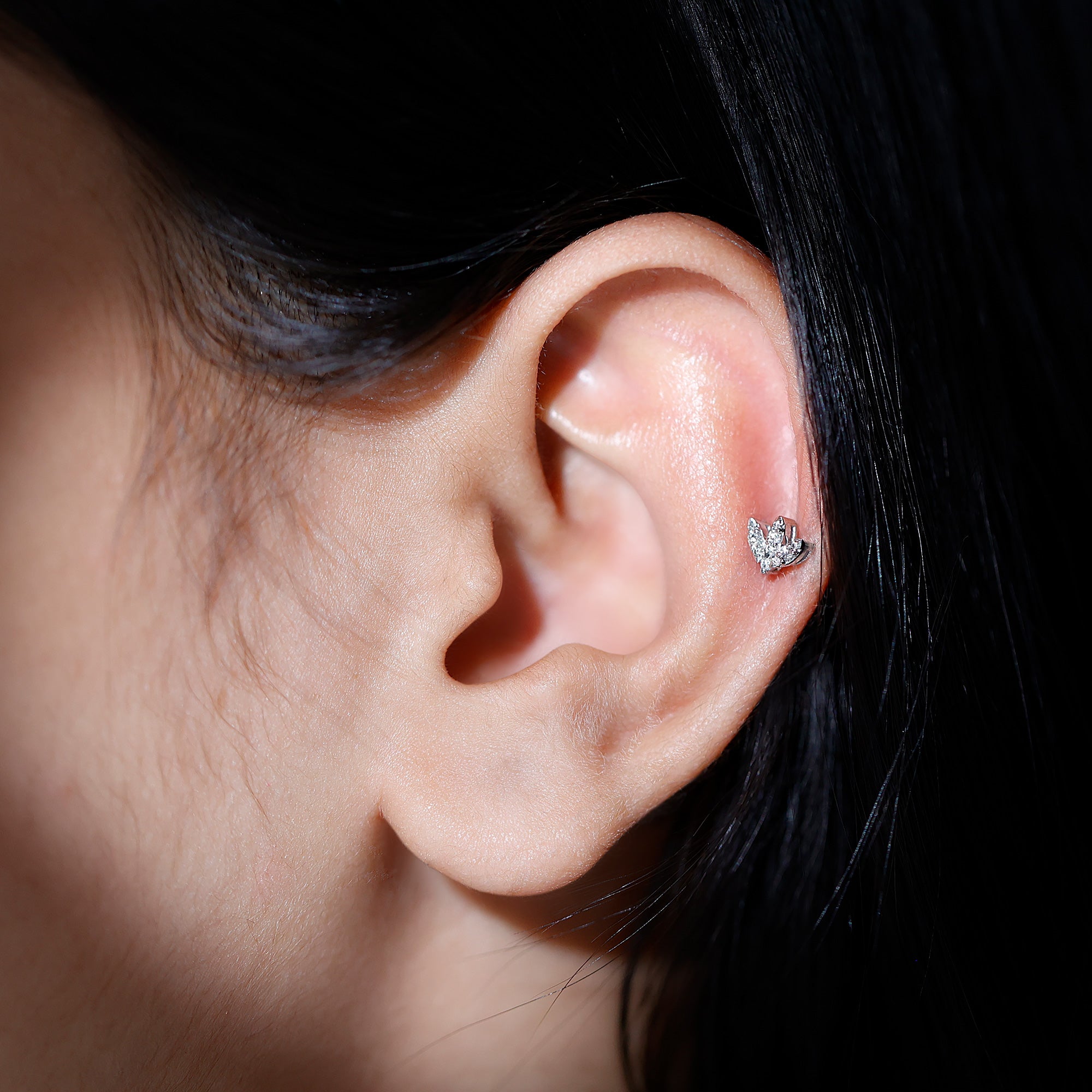 Exquisite Diamond Lotus Flower Earring for Helix Piercing Natural - ( HI-SI ) - Rosec Jewels