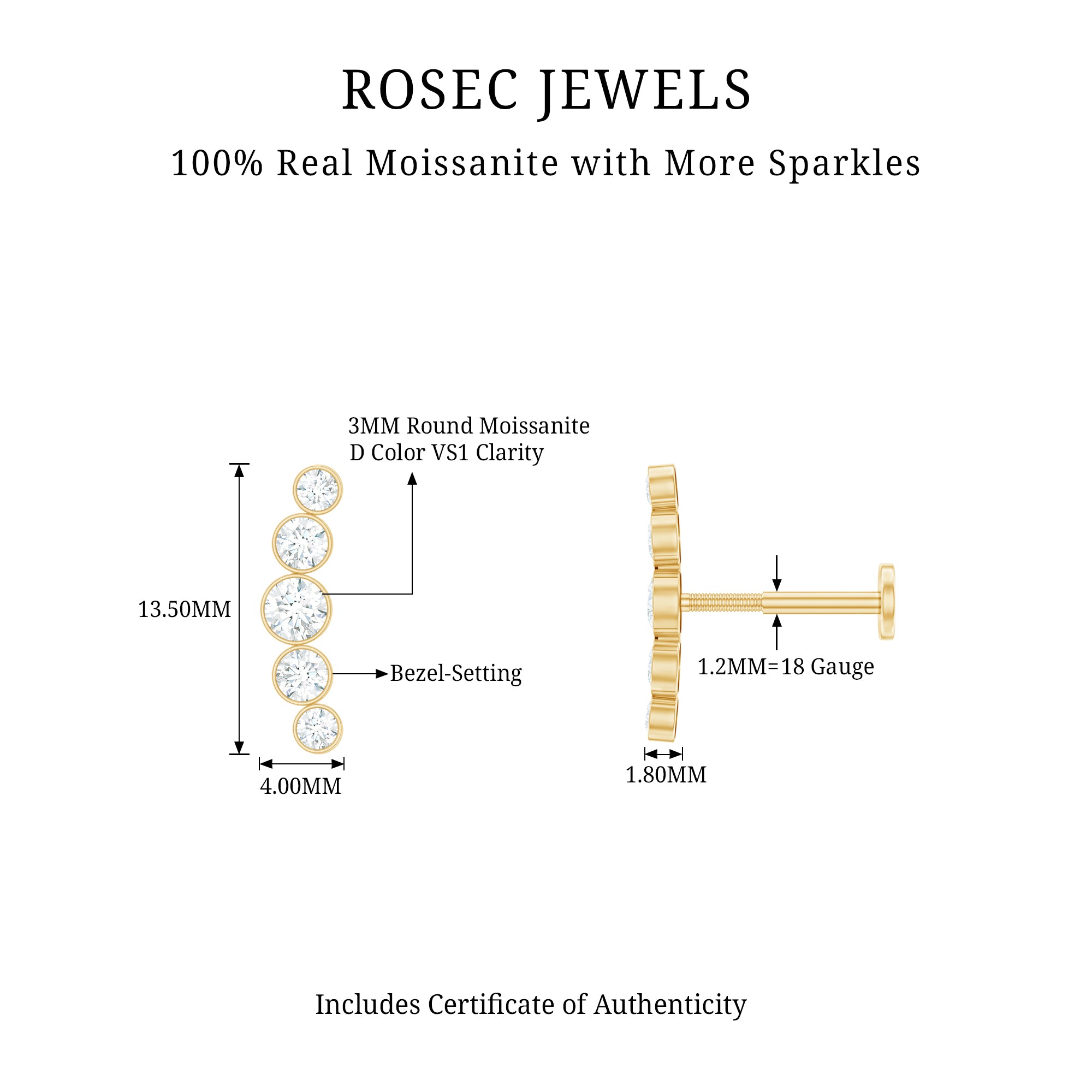 Bezel Set Round Moissanite Curved Crawler Earring D-VS1 - Rosec Jewels