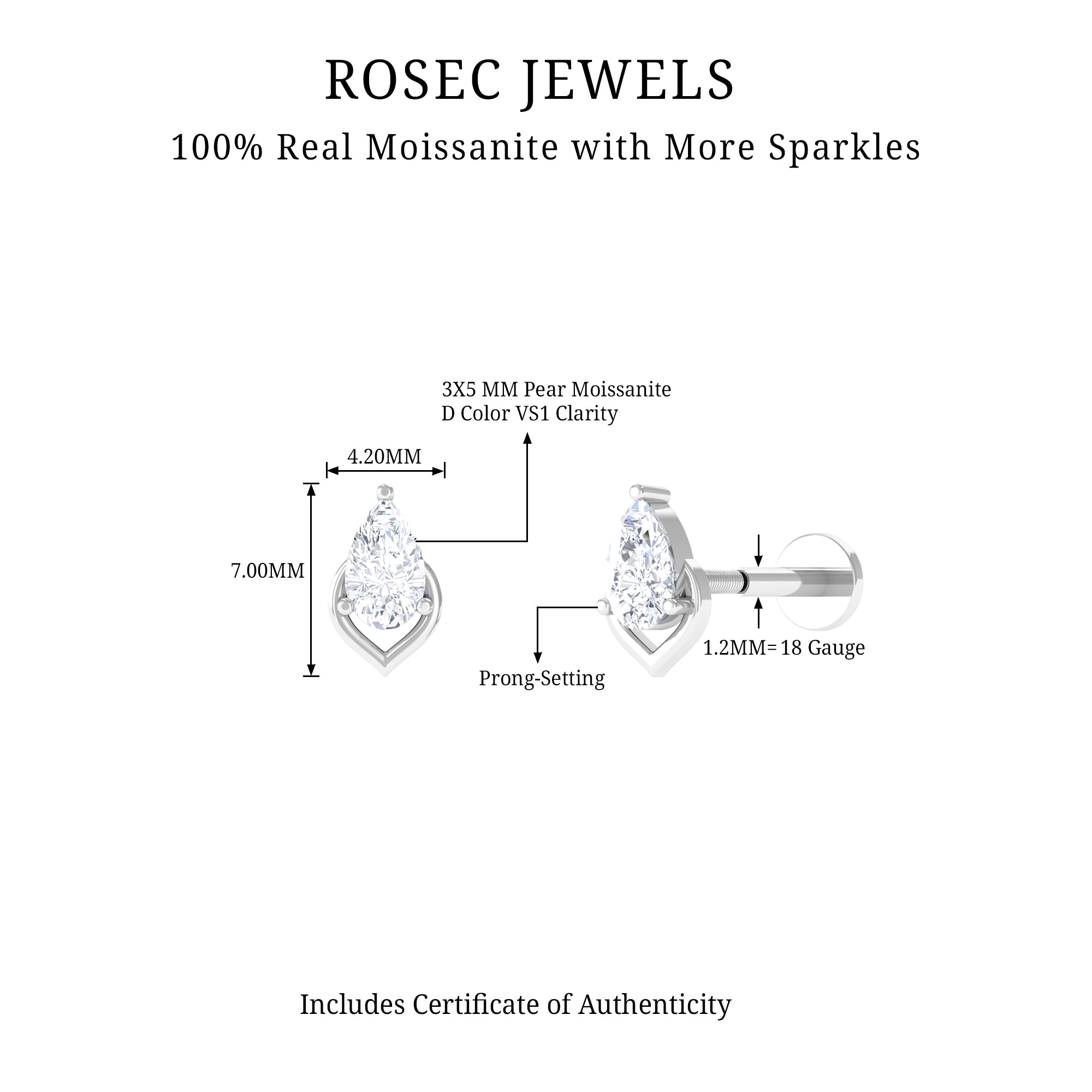 3X5MM Pear Shape Moissanite Solitaire Cartilage Earring D-VS1 - Rosec Jewels
