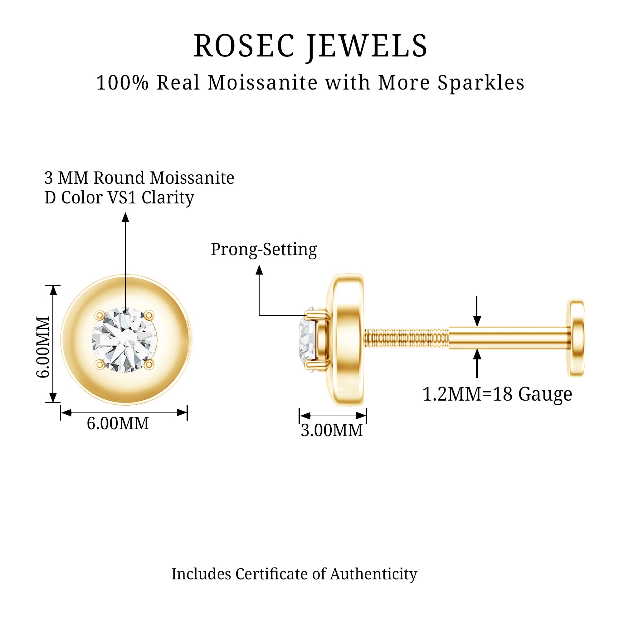 Solitaire Moissanite Circle Cartilage Earring D-VS1 - Rosec Jewels