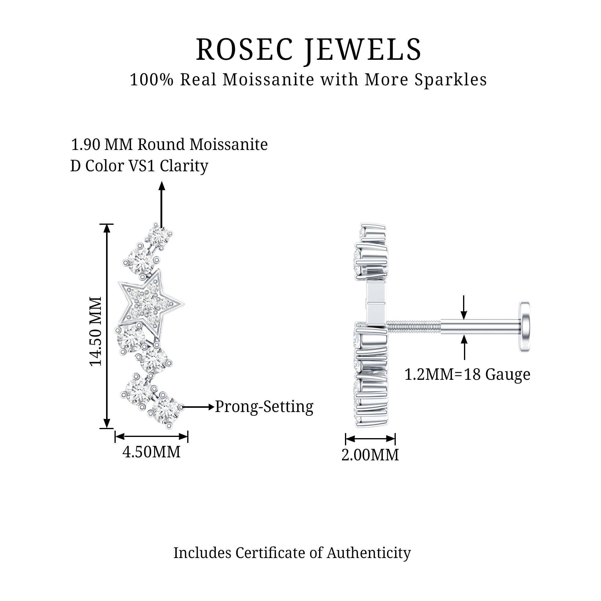 Moissanite Star Crawler Earring for Helix Piercing D-VS1 - Rosec Jewels