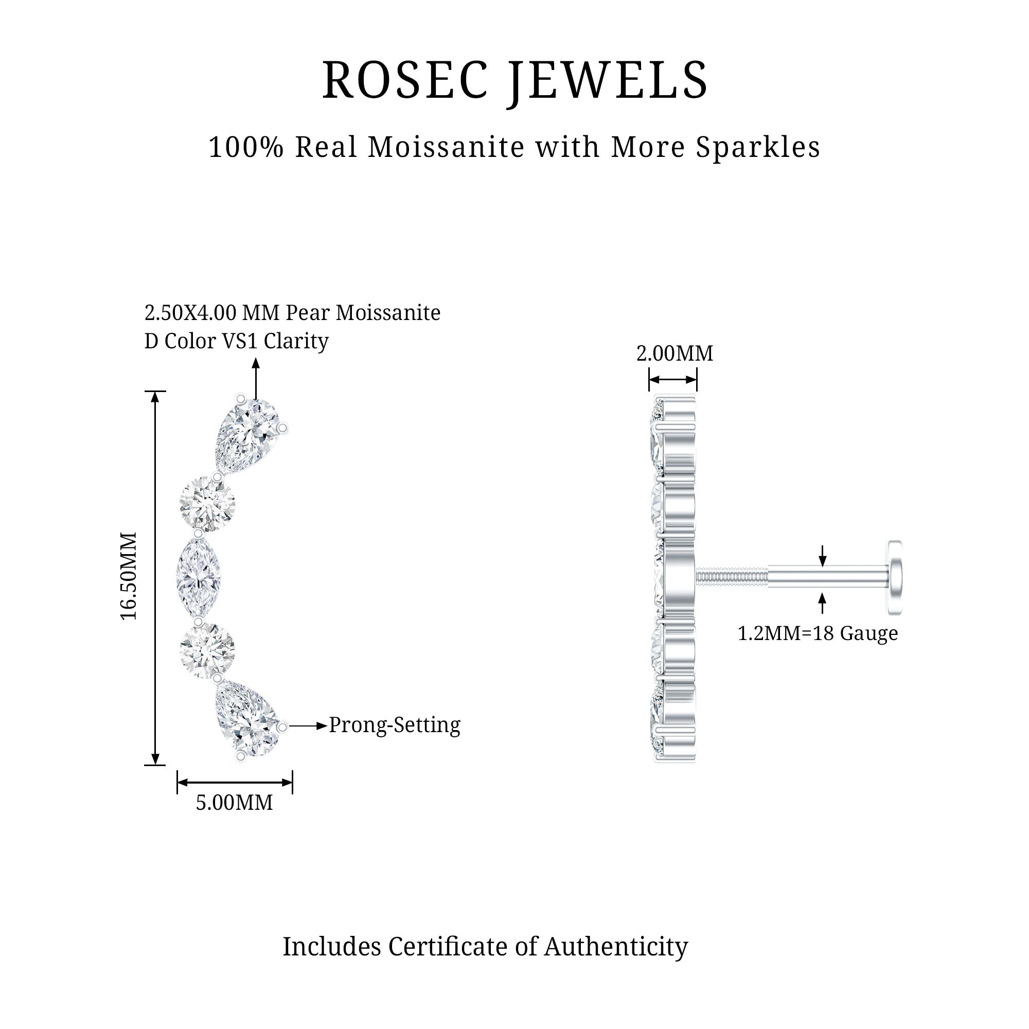 Certified Moissanite Curved Crawler Earring for Helix Piercing D-VS1 - Rosec Jewels