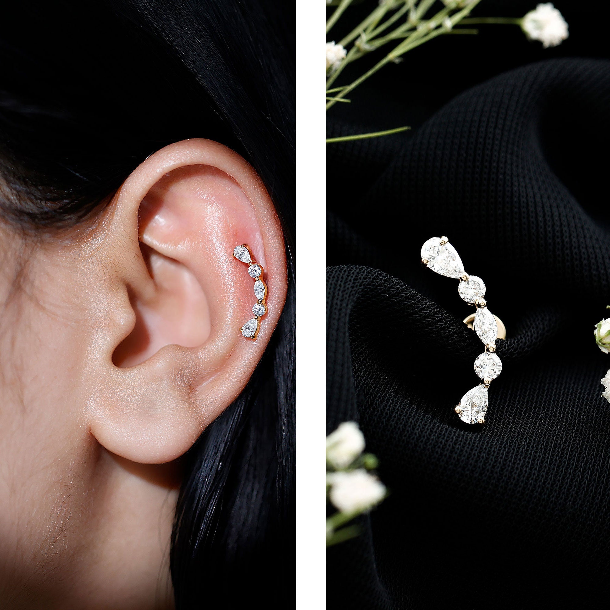 Certified Moissanite Curved Crawler Earring for Helix Piercing D-VS1 - Rosec Jewels