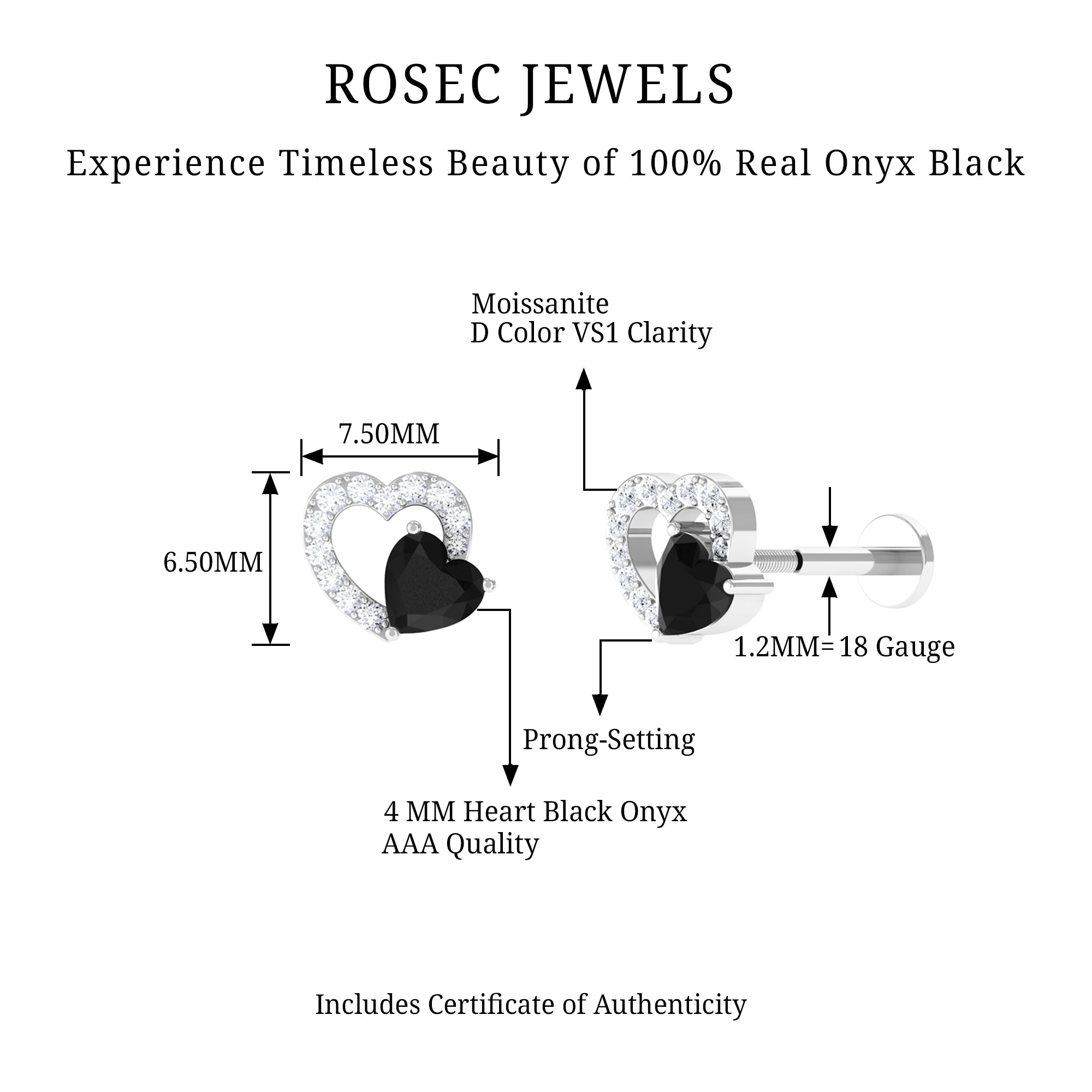 Rosec Jewels-Black Onyx and Moissanite Heart Helix Earring in Gold