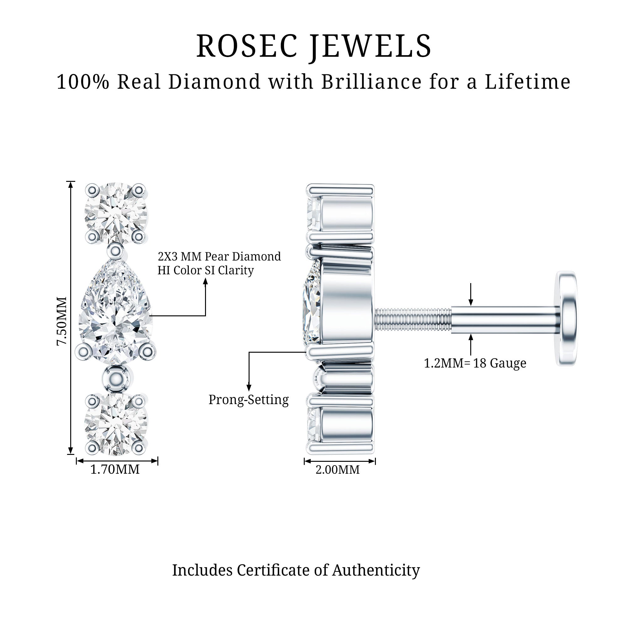 Natural Three Diamond Cartilage Earring with Flat Back Natural - ( HI-SI ) - Rosec Jewels