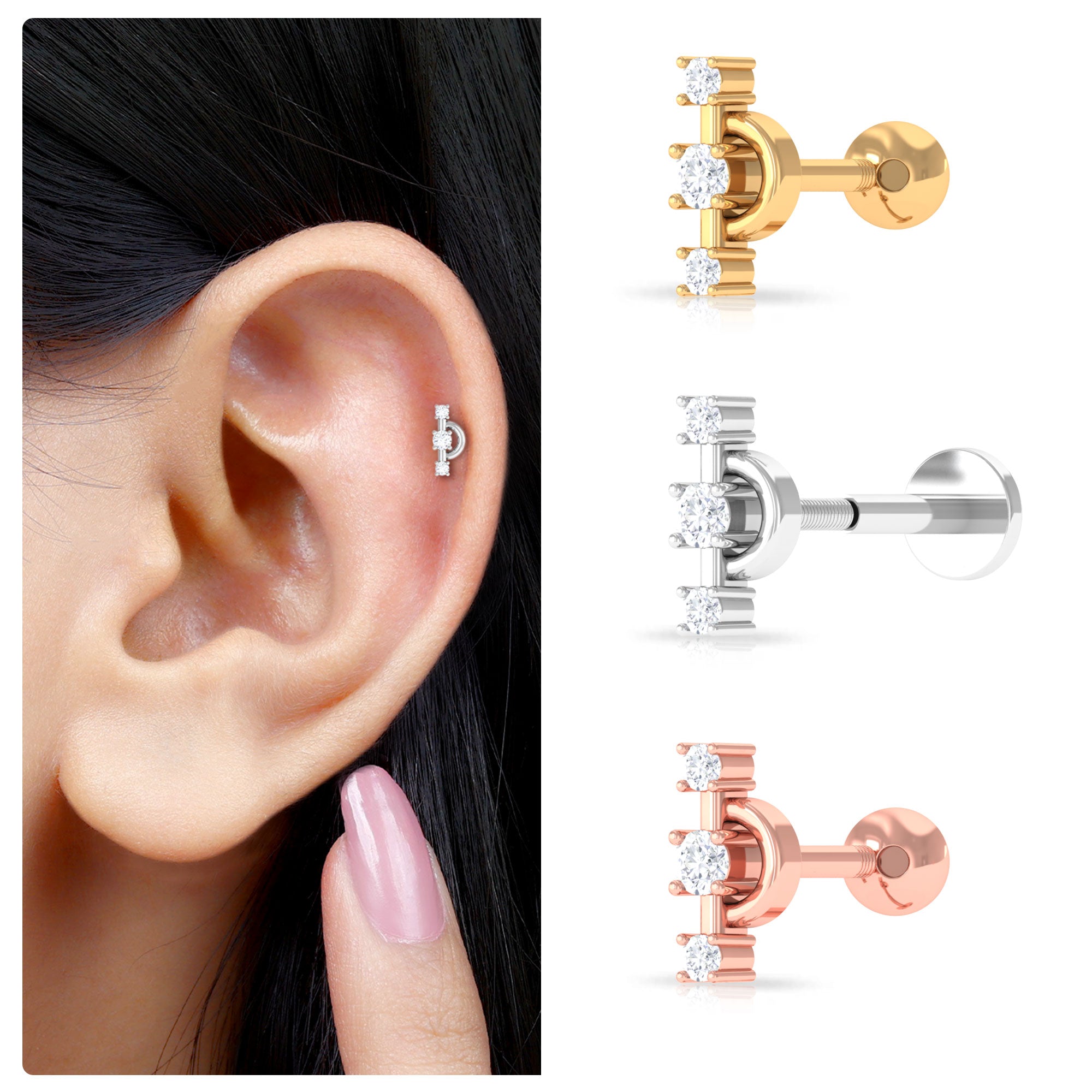 Natural Diamond Unique Tragus Earring with Certificate Natural - ( HI-SI ) - Rosec Jewels