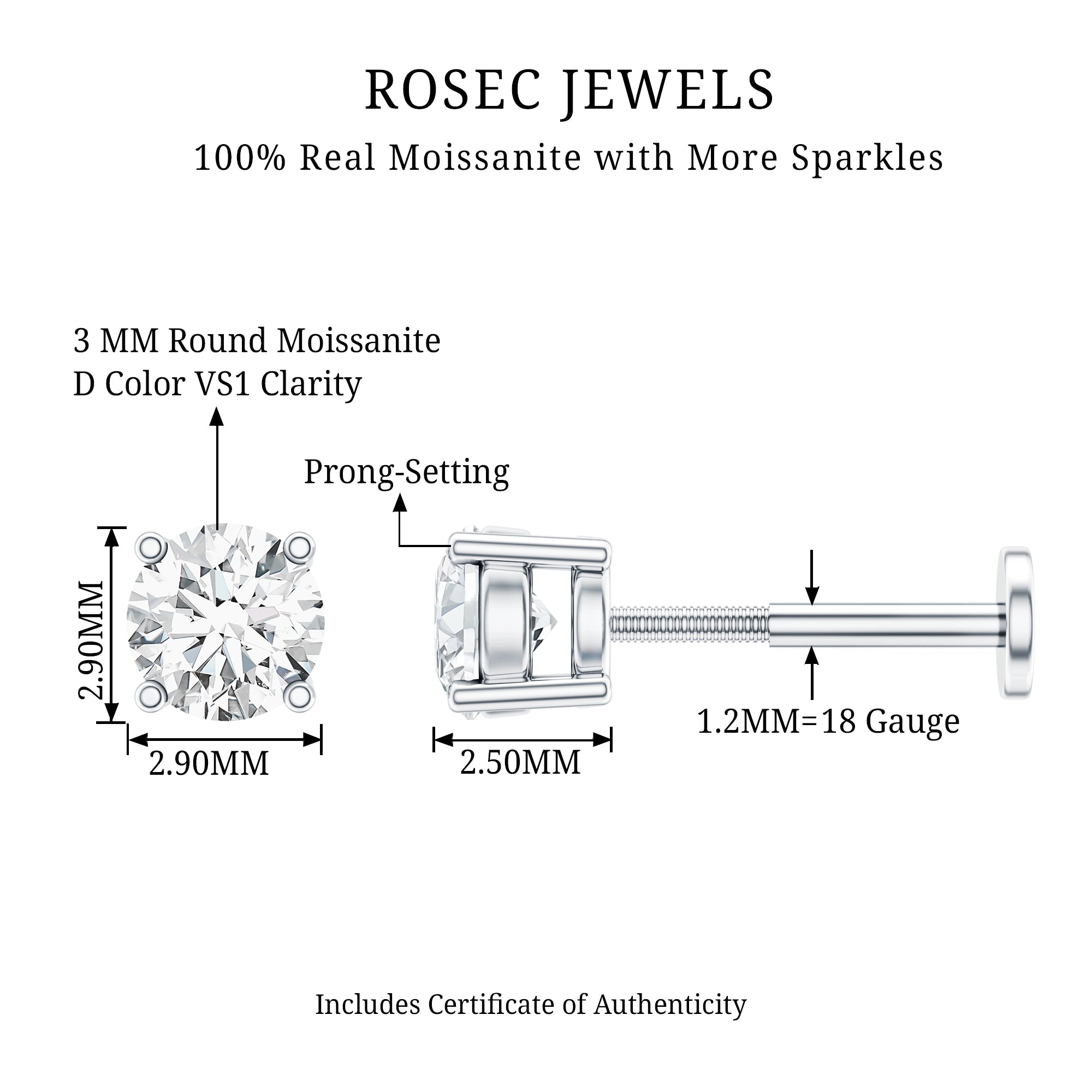 Tiny Round Moissanite Conch Earring with Flat Back D-VS1 - Rosec Jewels