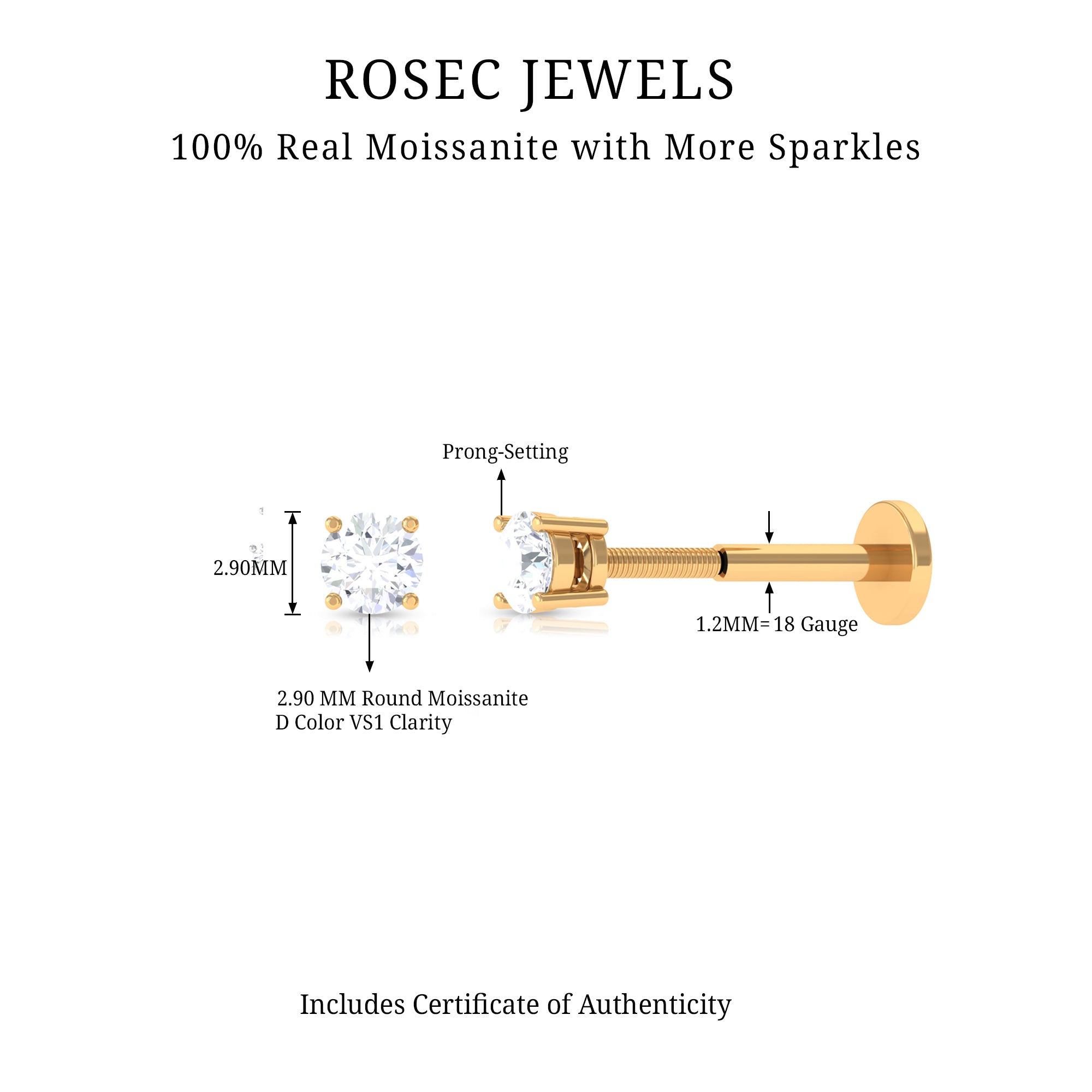 Tiny Round Moissanite Conch Earring with Flat Back D-VS1 - Rosec Jewels
