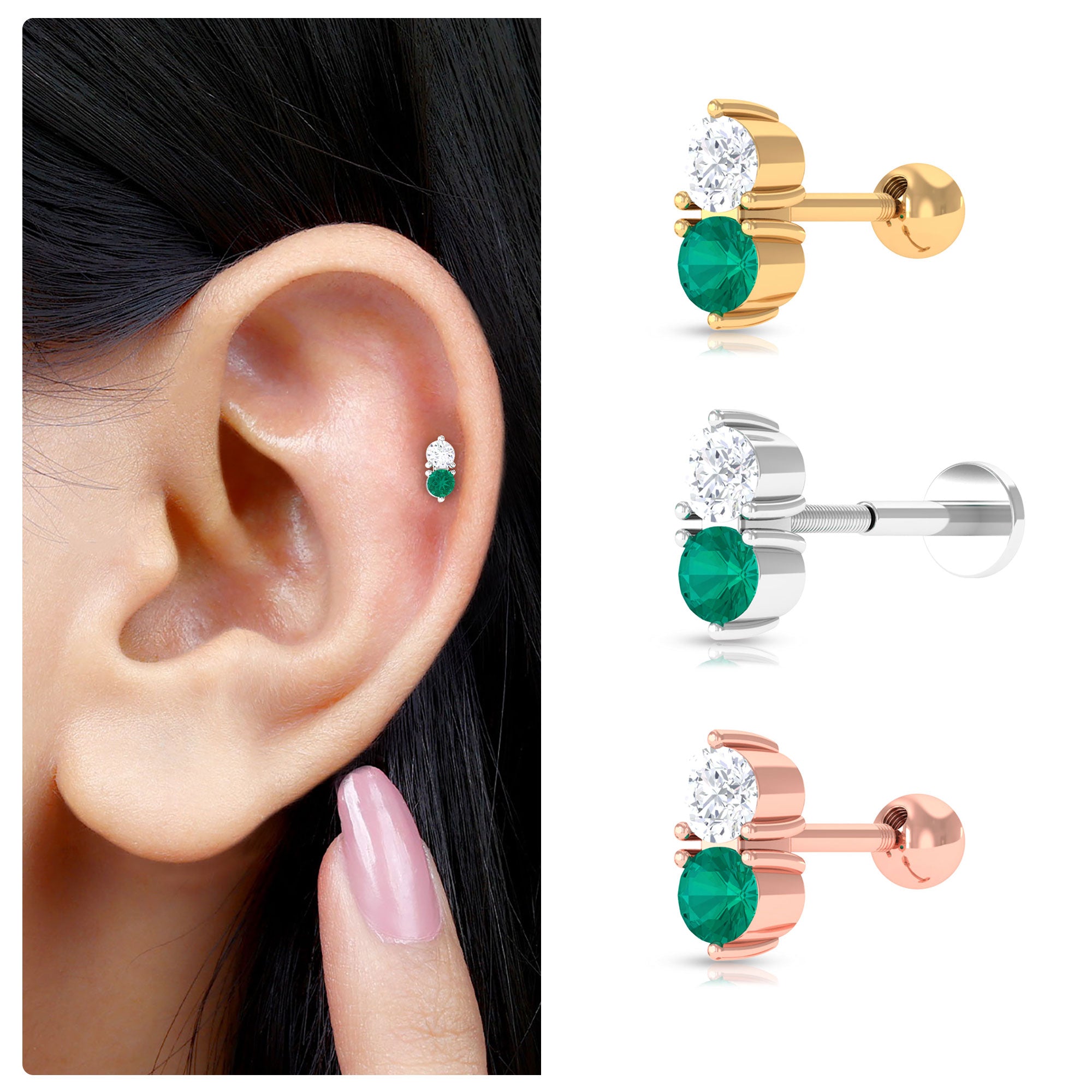 Dainty Emerald and Diamond Two Stone Tragus Earring AAA - Rosec Jewels