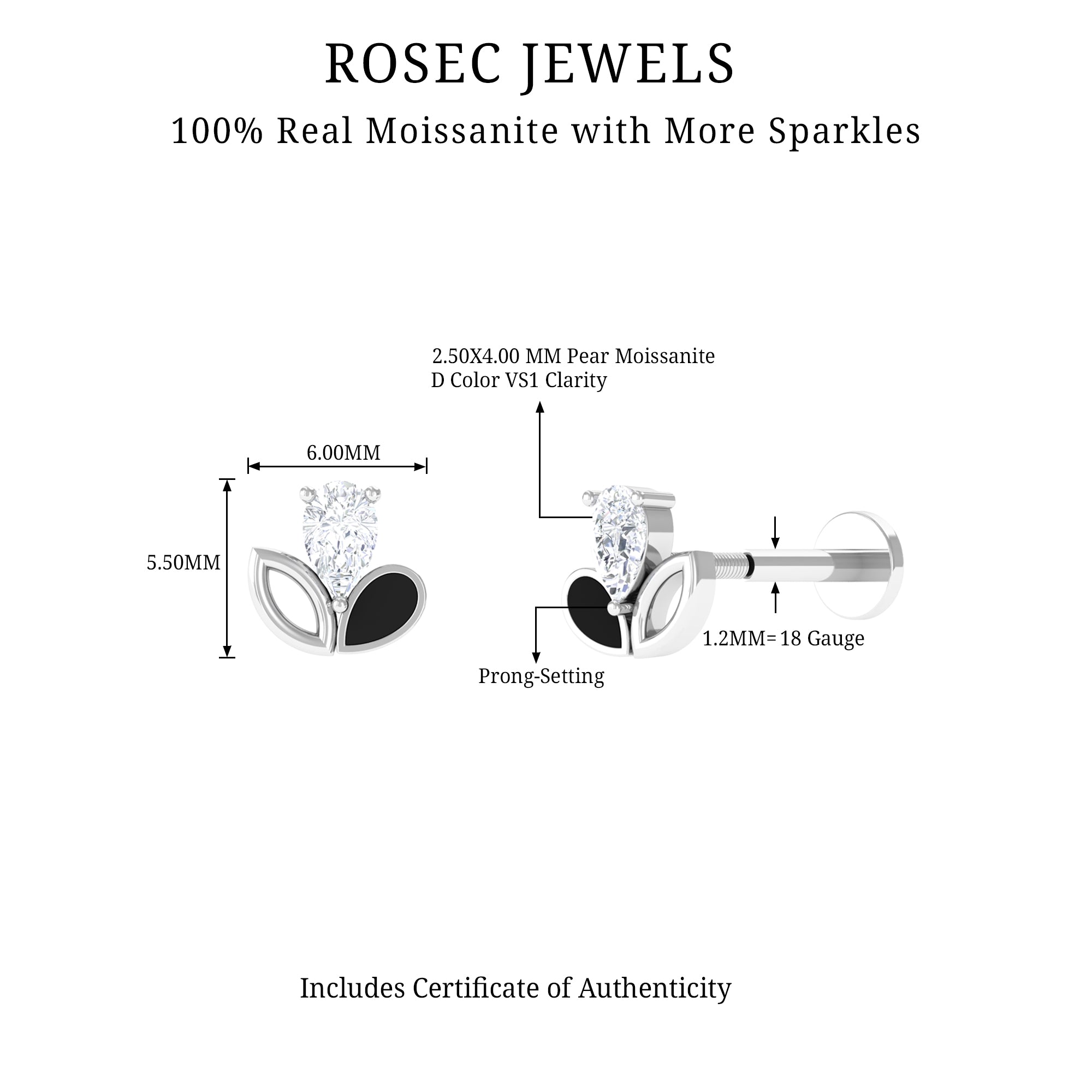 Pear Cut Moissanite Cartilage Earring with Black Enamel D-VS1 - Rosec Jewels