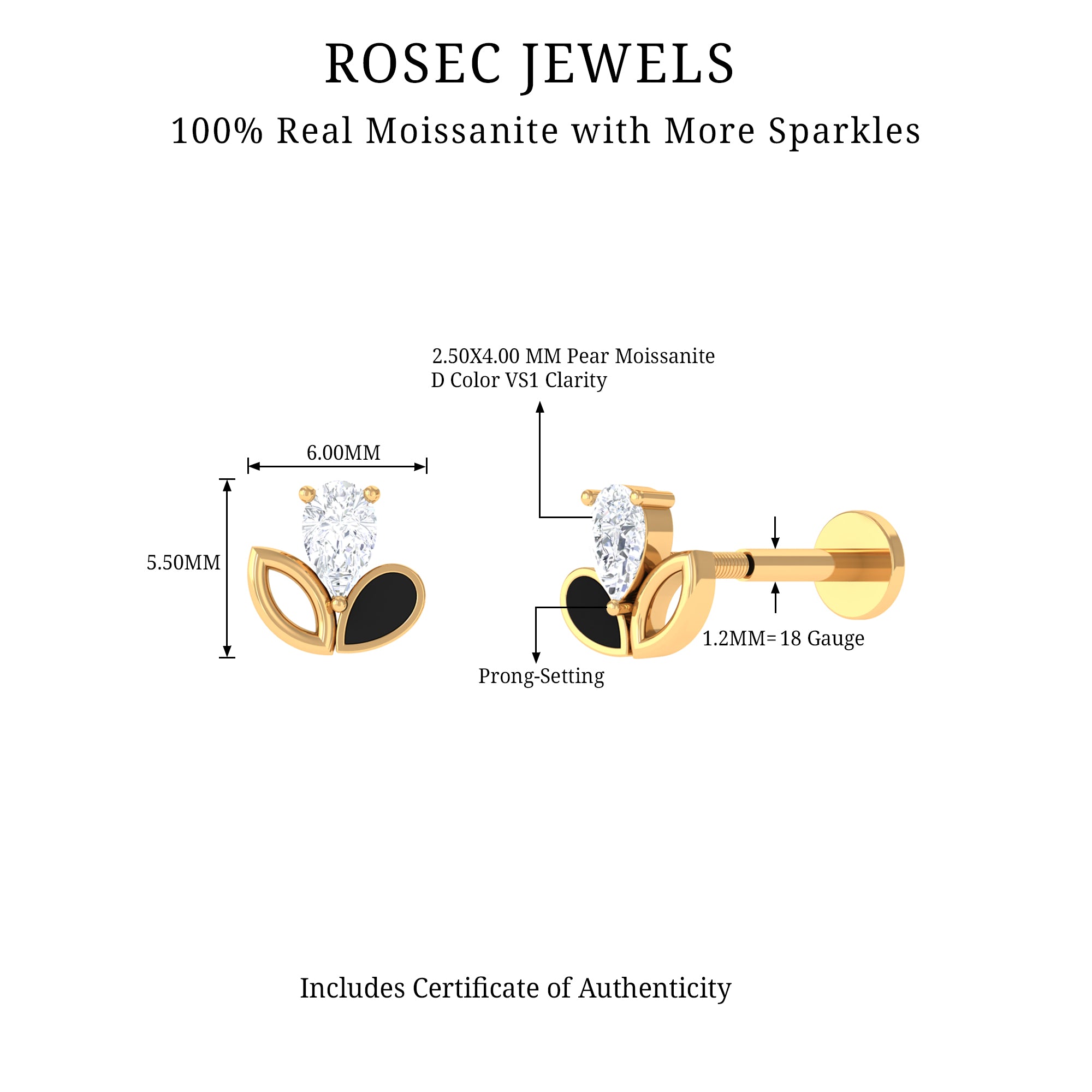 Pear Cut Moissanite Cartilage Earring with Black Enamel D-VS1 - Rosec Jewels
