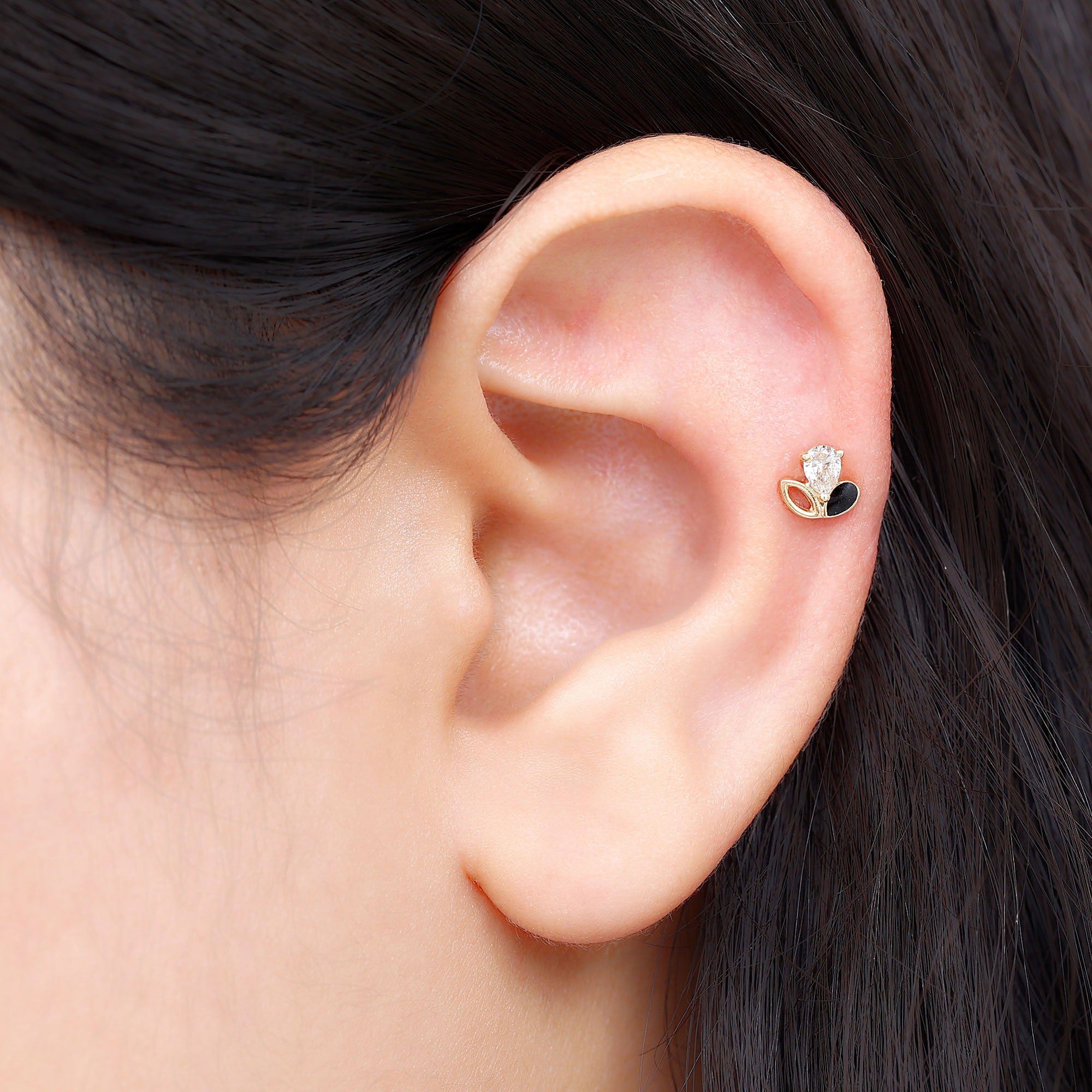 Pear Cut Moissanite Cartilage Earring with Black Enamel D-VS1 - Rosec Jewels