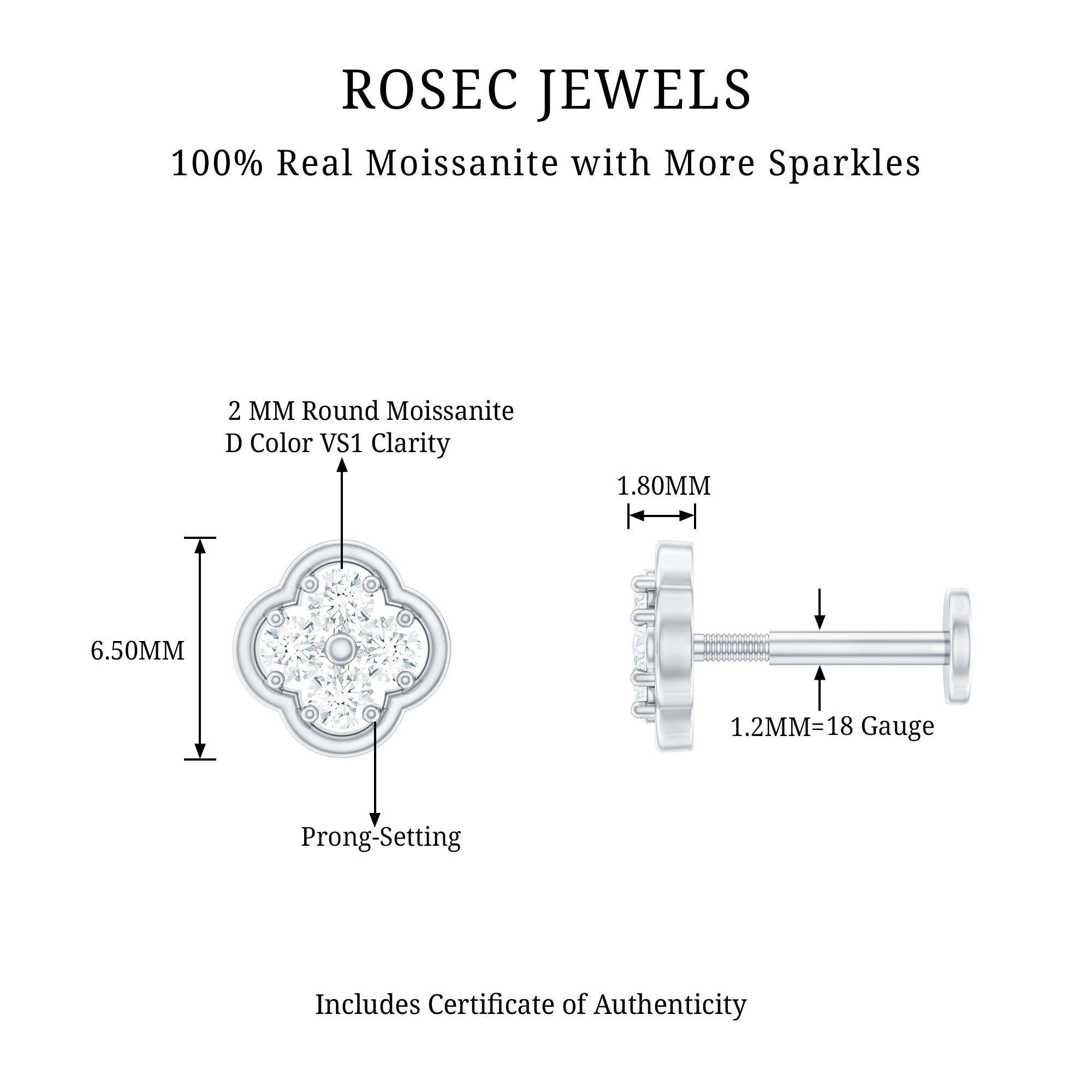 Moissanite Cluster Clover Earring for Helix Piercing D-VS1 - Rosec Jewels