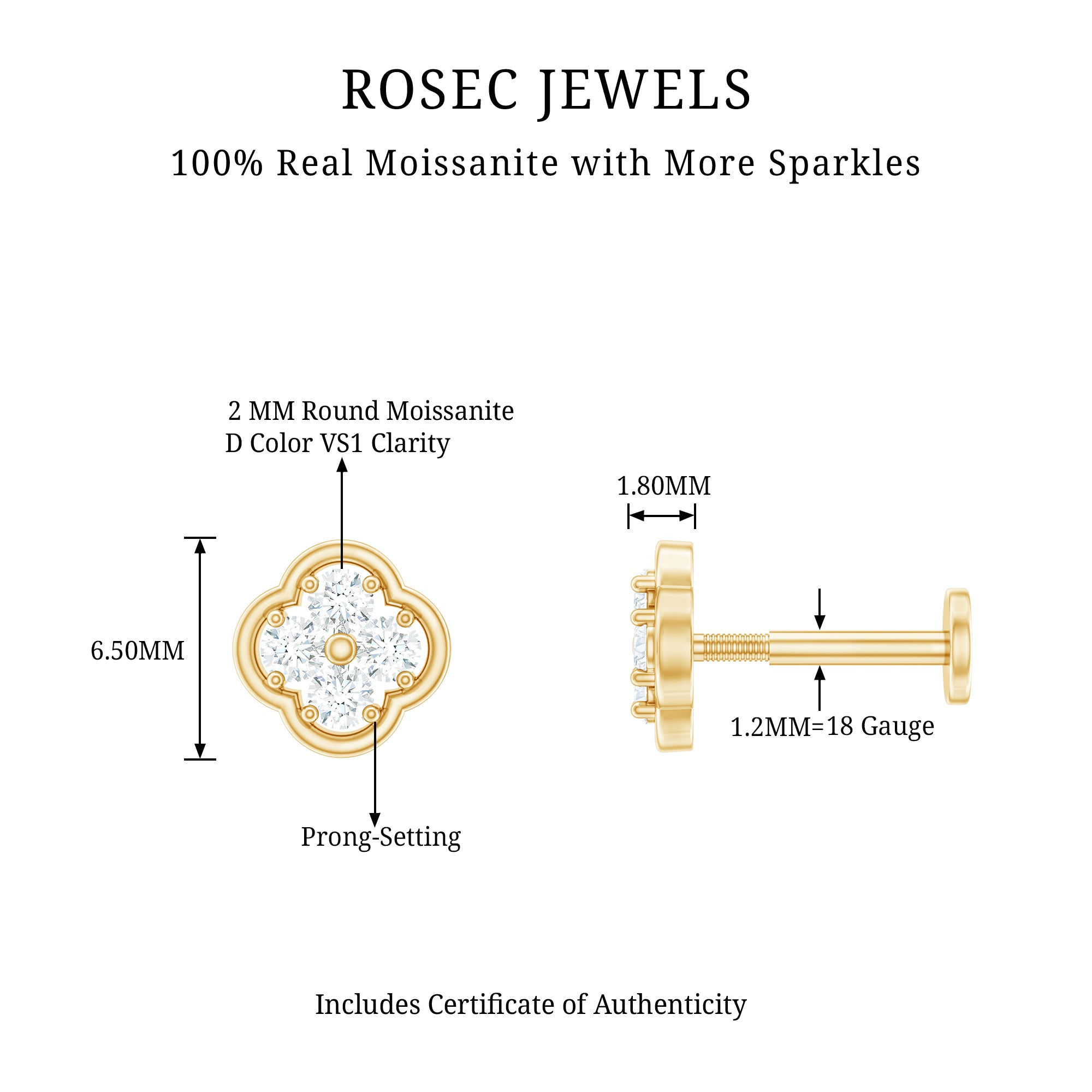 Moissanite Cluster Clover Earring for Helix Piercing D-VS1 - Rosec Jewels