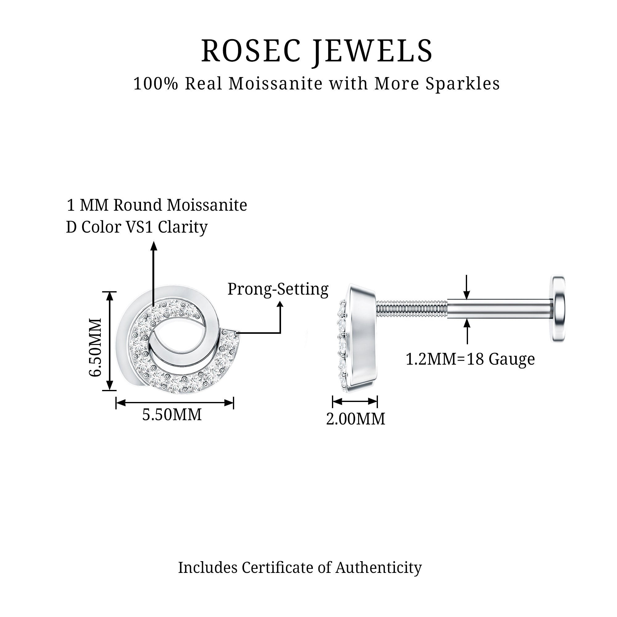 Moissanite Swirl Earring for Second Hole Piercing D-VS1 - Rosec Jewels