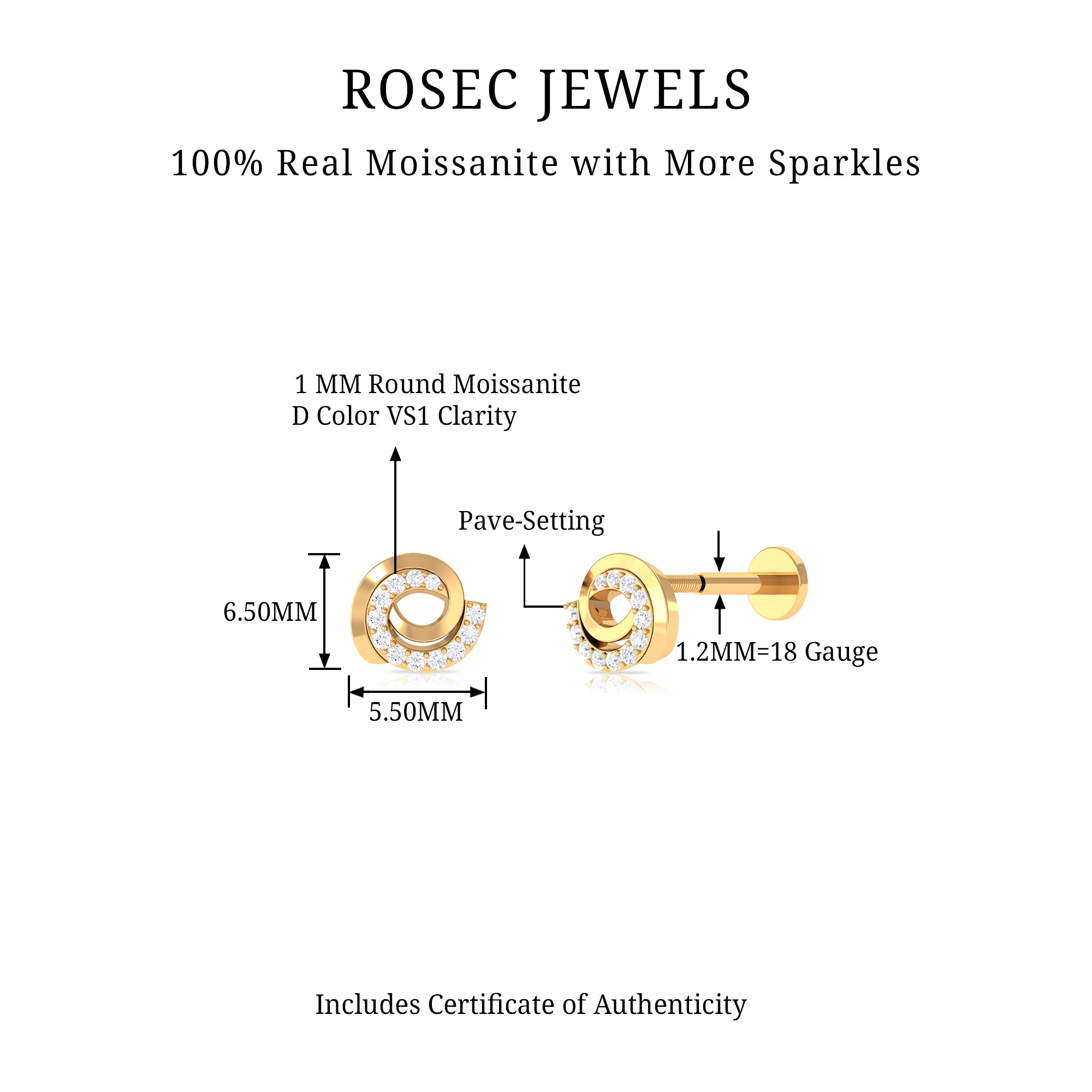 Moissanite Swirl Earring for Second Hole Piercing D-VS1 - Rosec Jewels