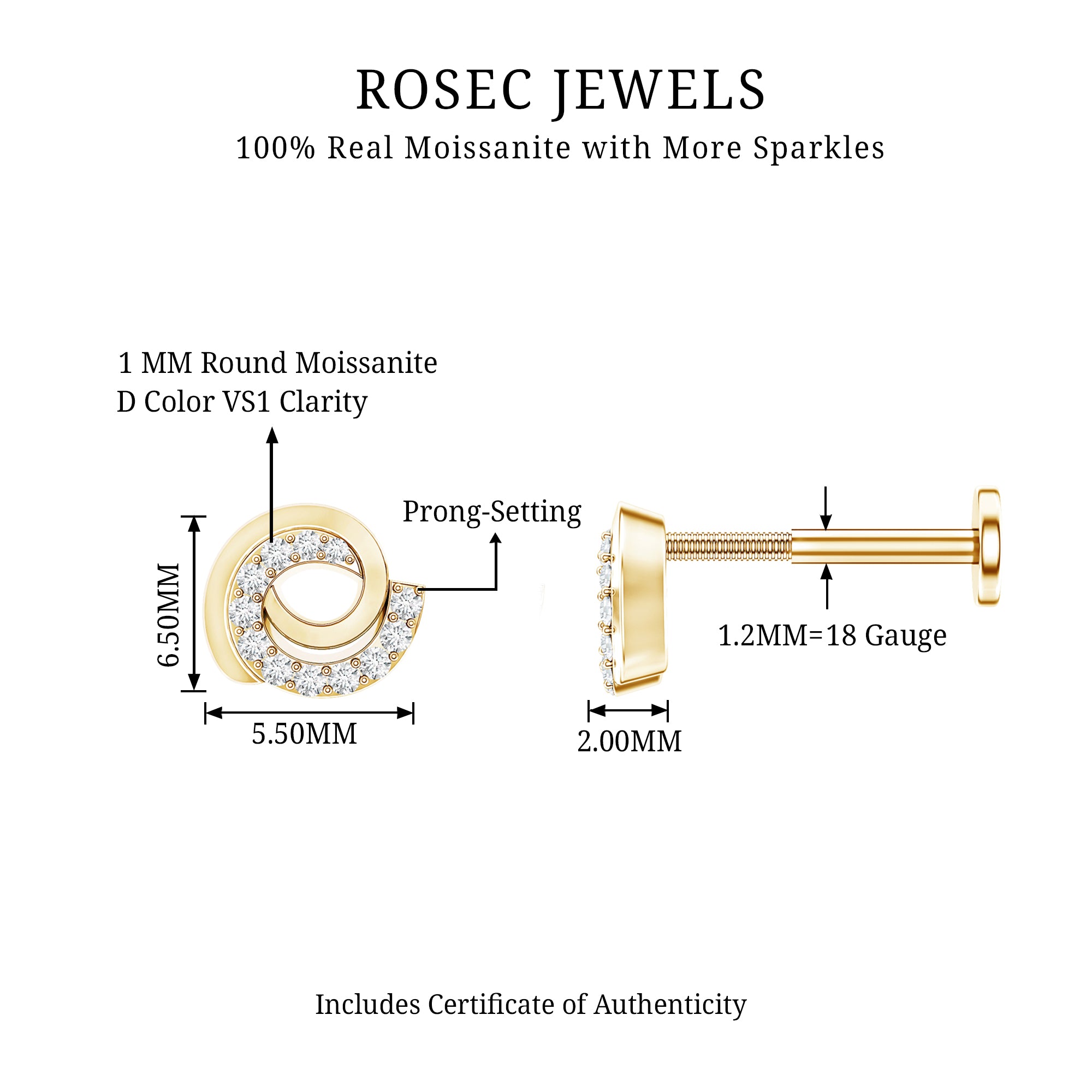 Moissanite Swirl Earring for Second Hole Piercing D-VS1 - Rosec Jewels