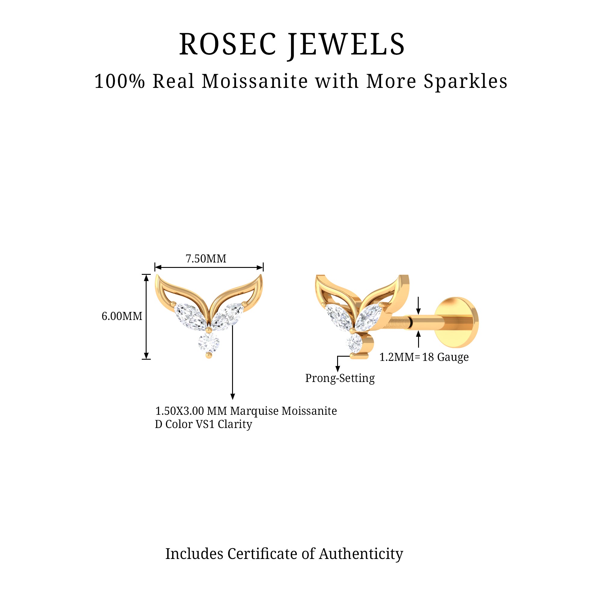 Certified Moissanite Fishtail Earring for Cartilage Piercing D-VS1 - Rosec Jewels
