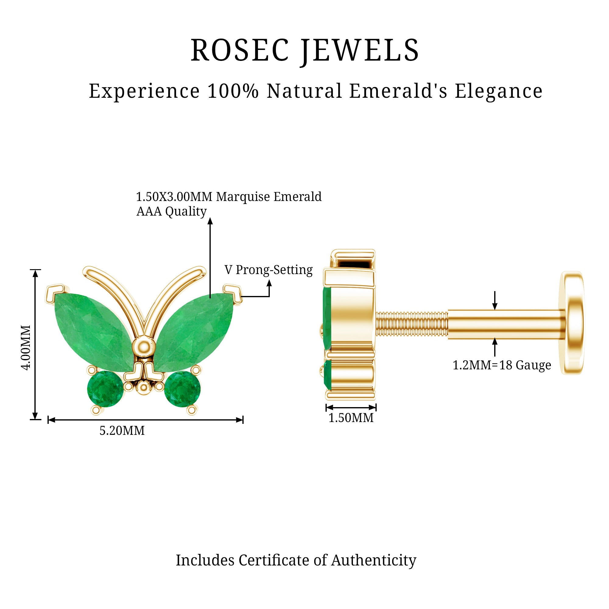 Natural Emerald Butterfly Earring for Cartilage Piercing AAA - Rosec Jewels