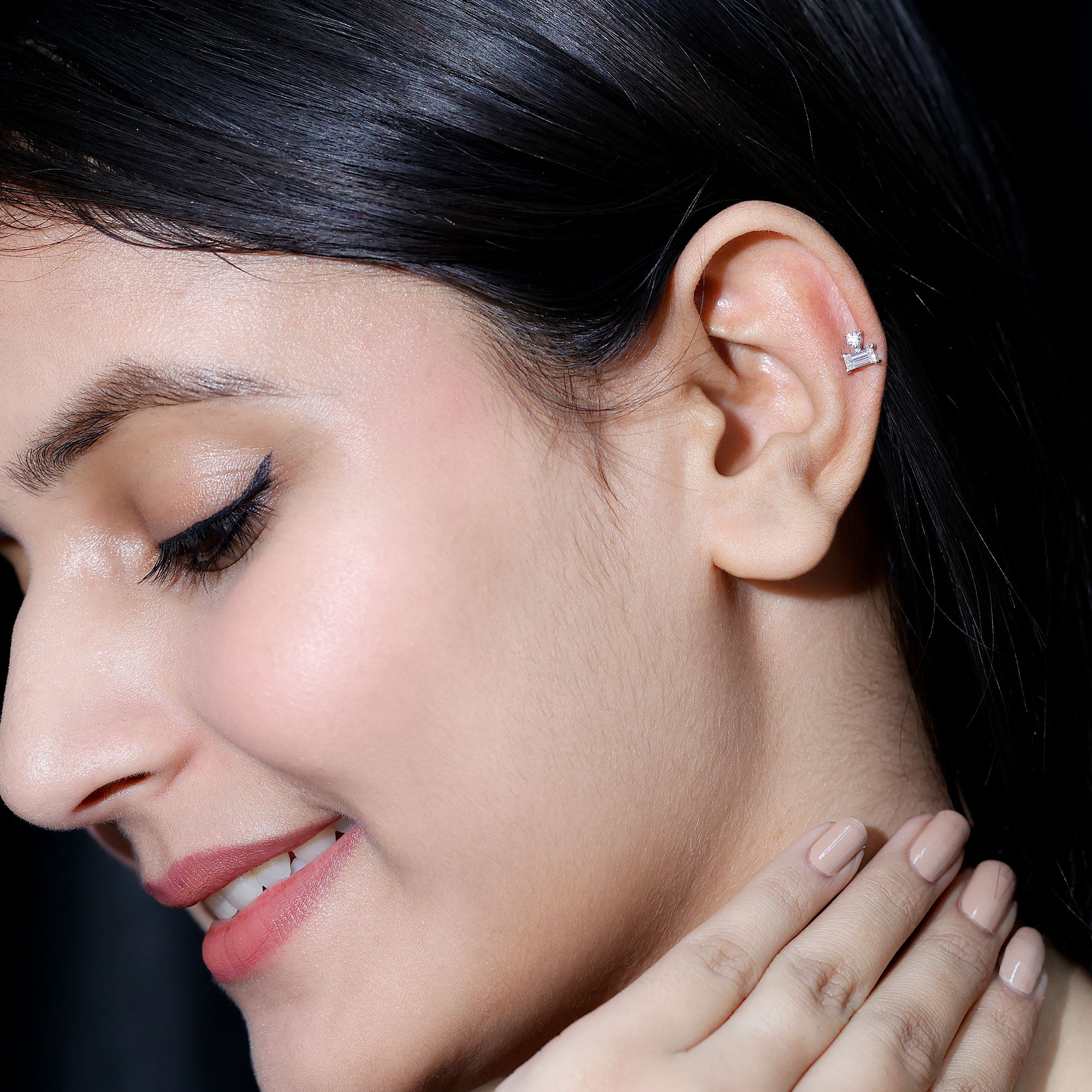 Baguette and Round Cut Moissanite Tragus Earring D-VS1 - Rosec Jewels